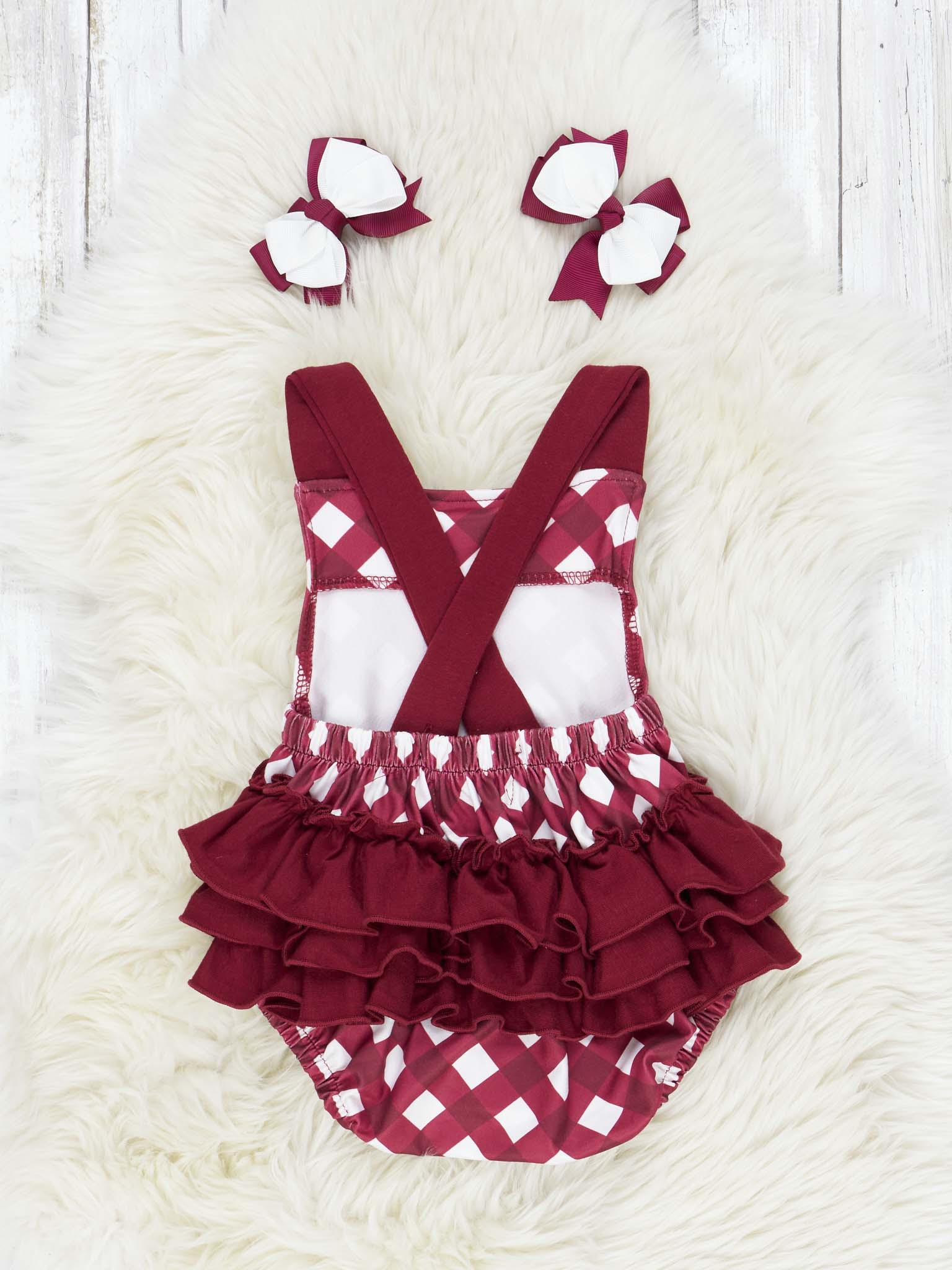 Maroon & White Gingham Ruffle Bubble Romper - Marie Nicole Clothing