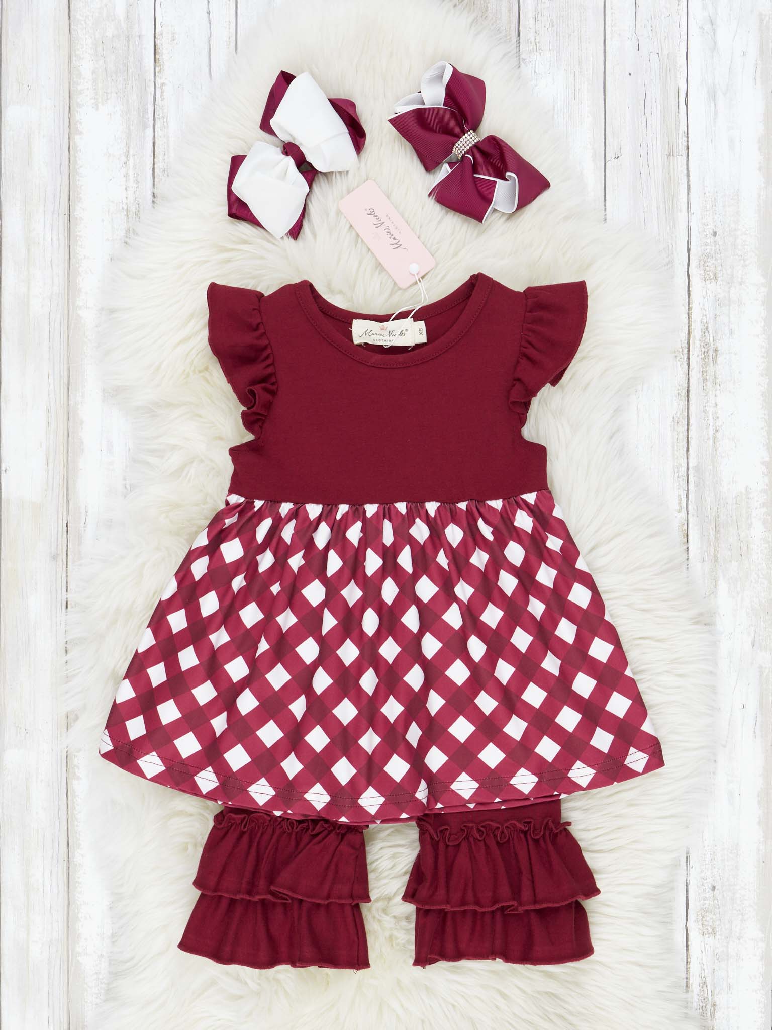 Maroon & White Gingham Ruffle Outfit - Marie Nicole Clothing