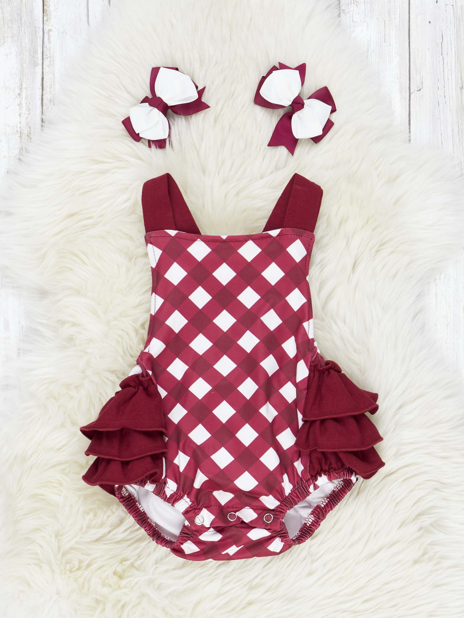 Maroon & White Gingham Ruffle Bubble Romper - Marie Nicole Clothing