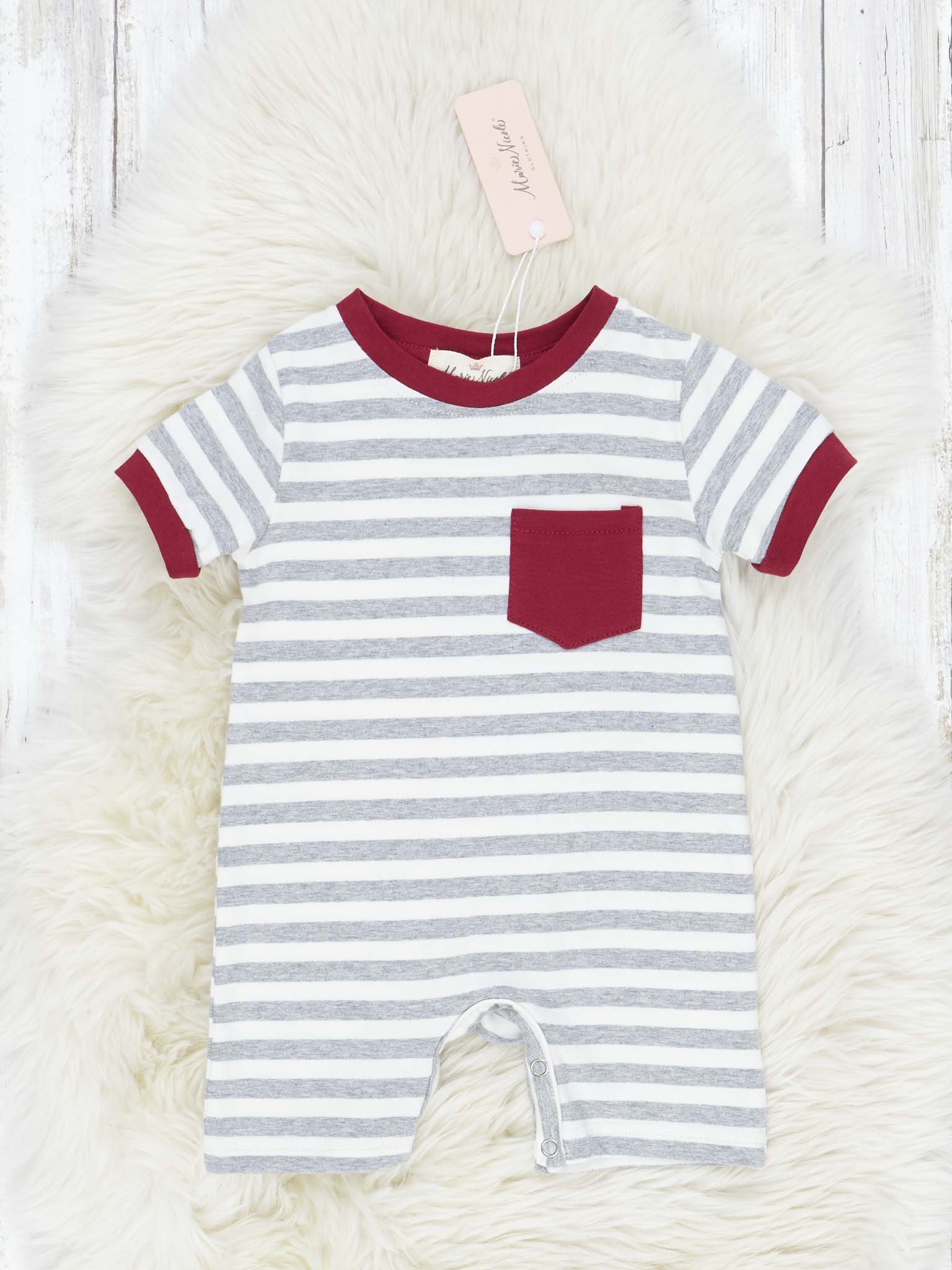 Crimson & Grey Striped Romper - Marie Nicole Clothing