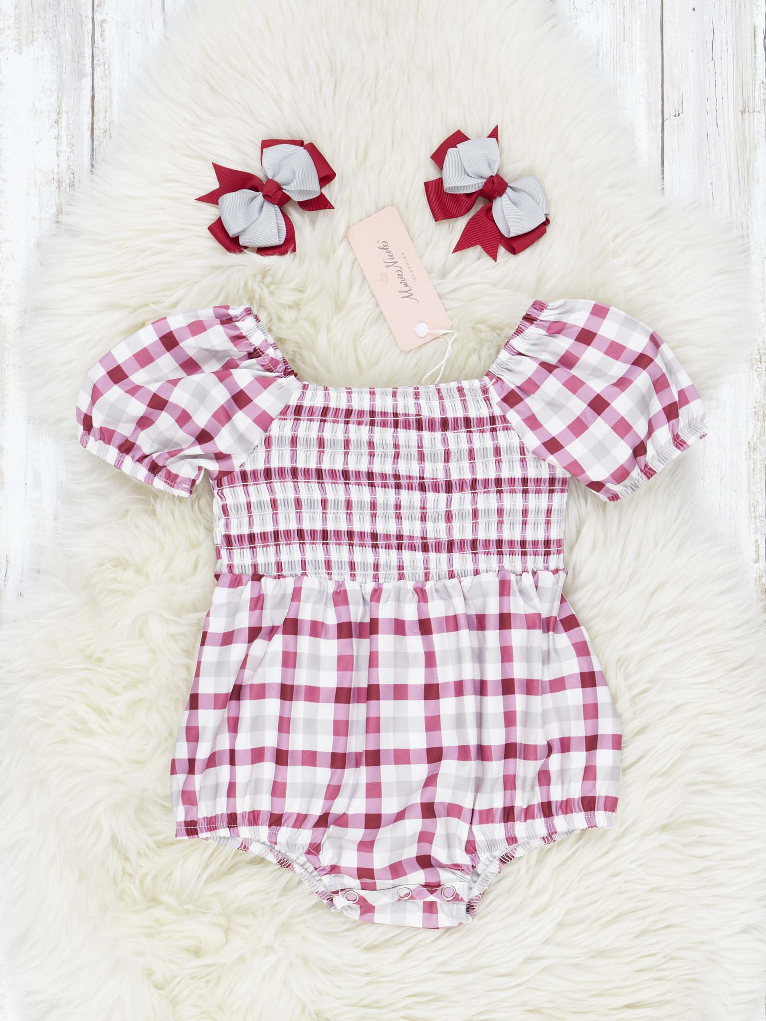 Crimson & Grey Smocked Plaid Romper - Marie Nicole Clothing