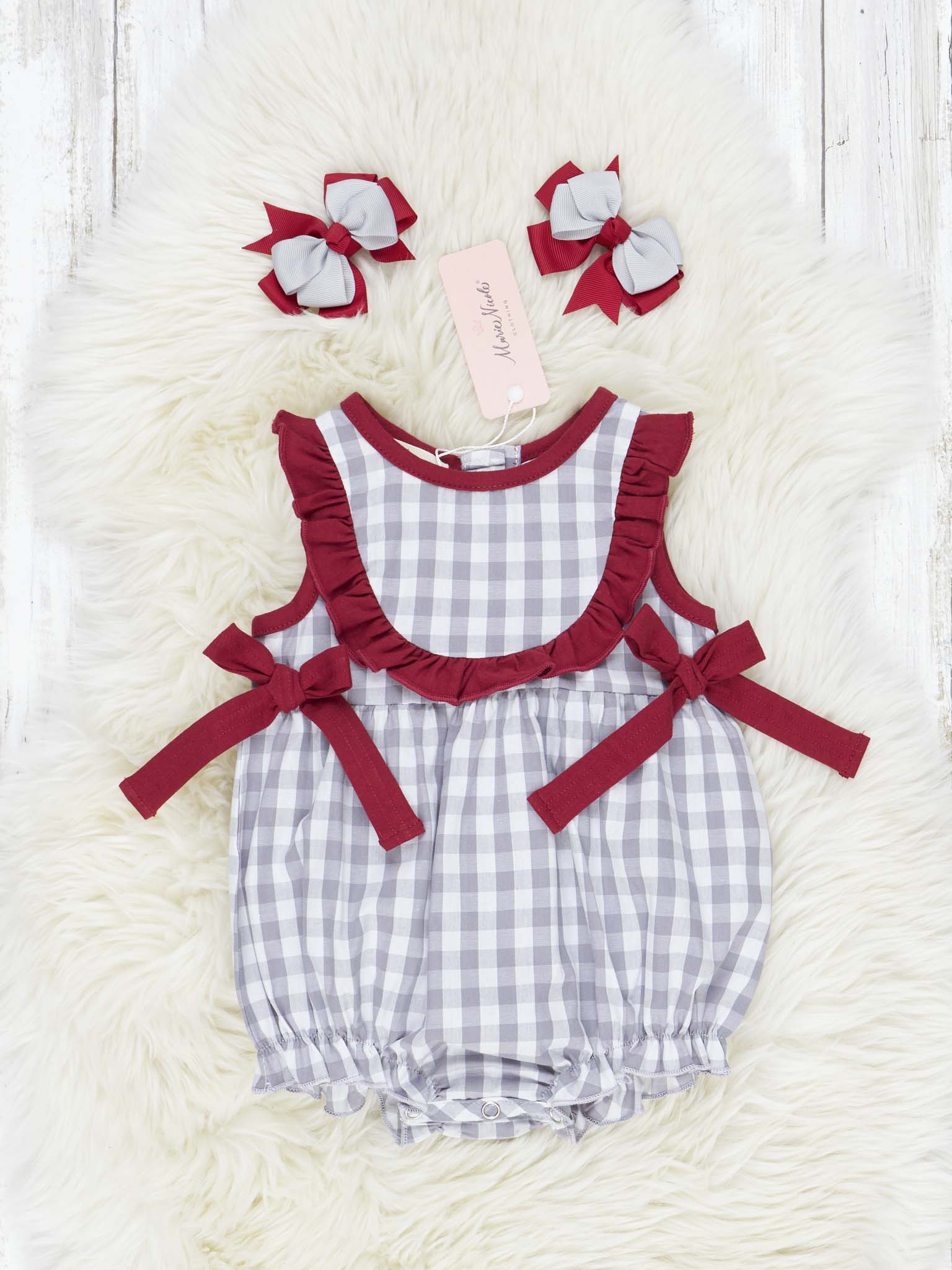 Crimson & Grey Gingham Ruffle Romper - Marie Nicole Clothing