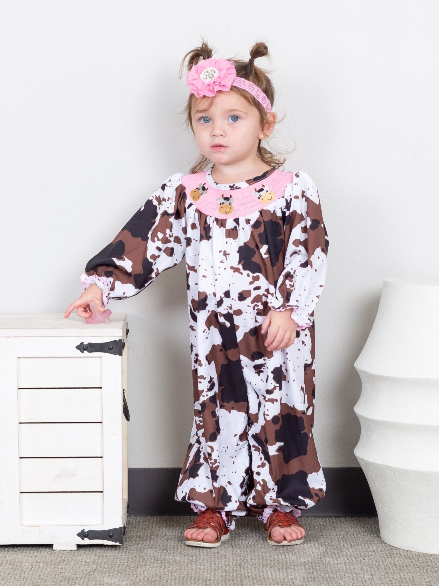 Pink Smocked Cow Print Romper - Marie Nicole Clothing