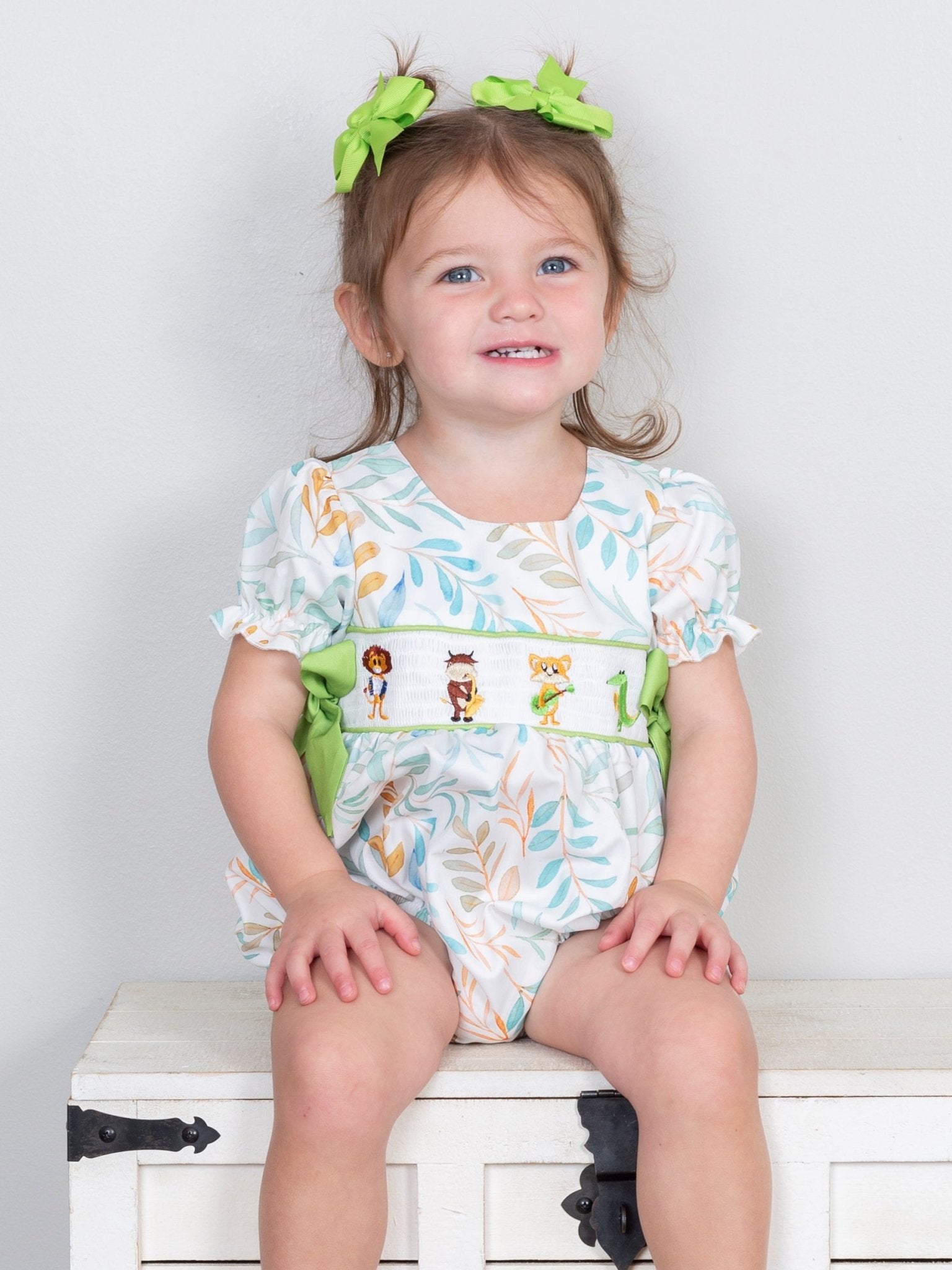 Jazzy Zoo Friends Smocked Bow Bubble Romper - Marie Nicole Clothing