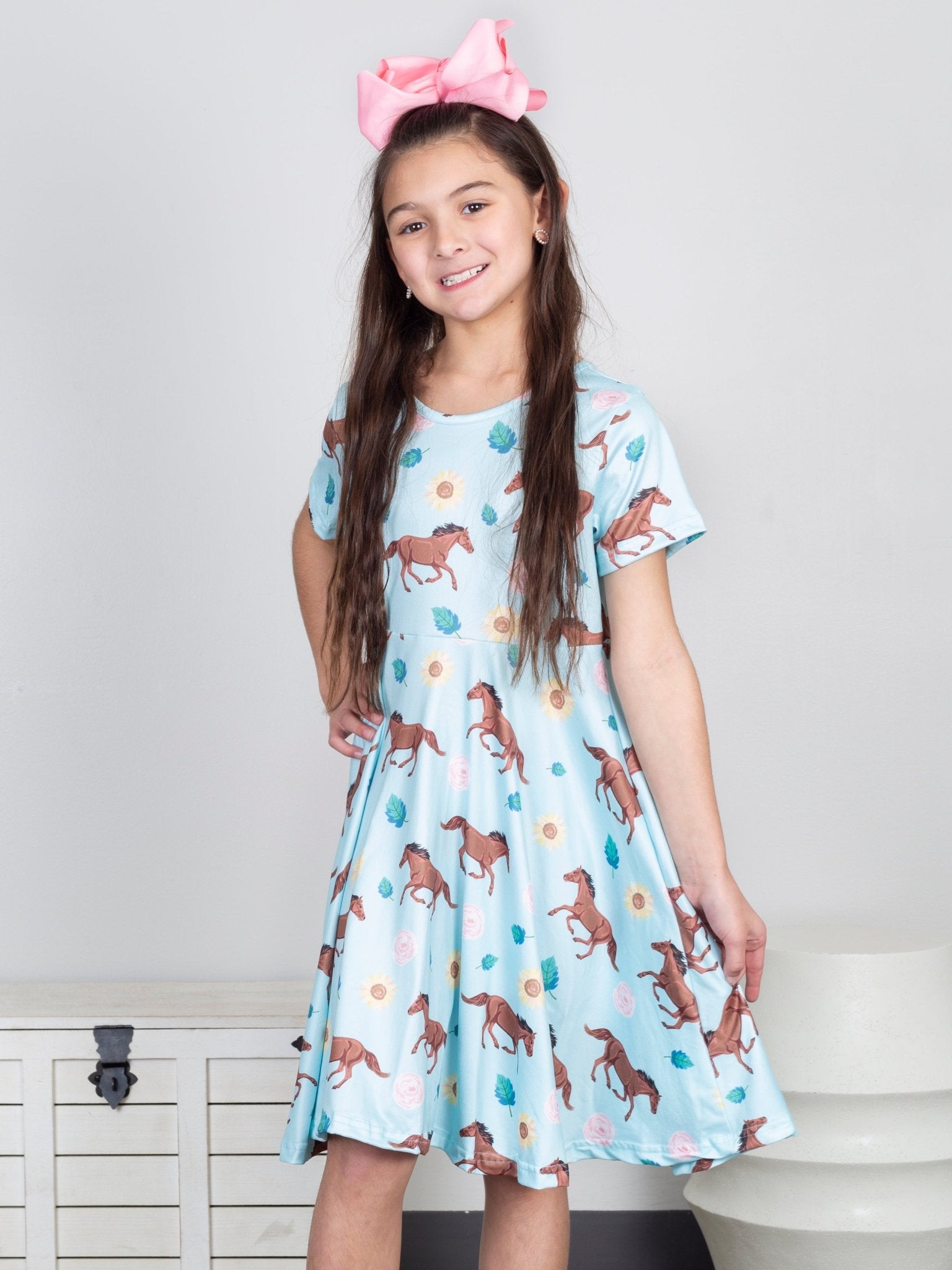 Sky Blue Horse Swing Dress - Marie Nicole Clothing