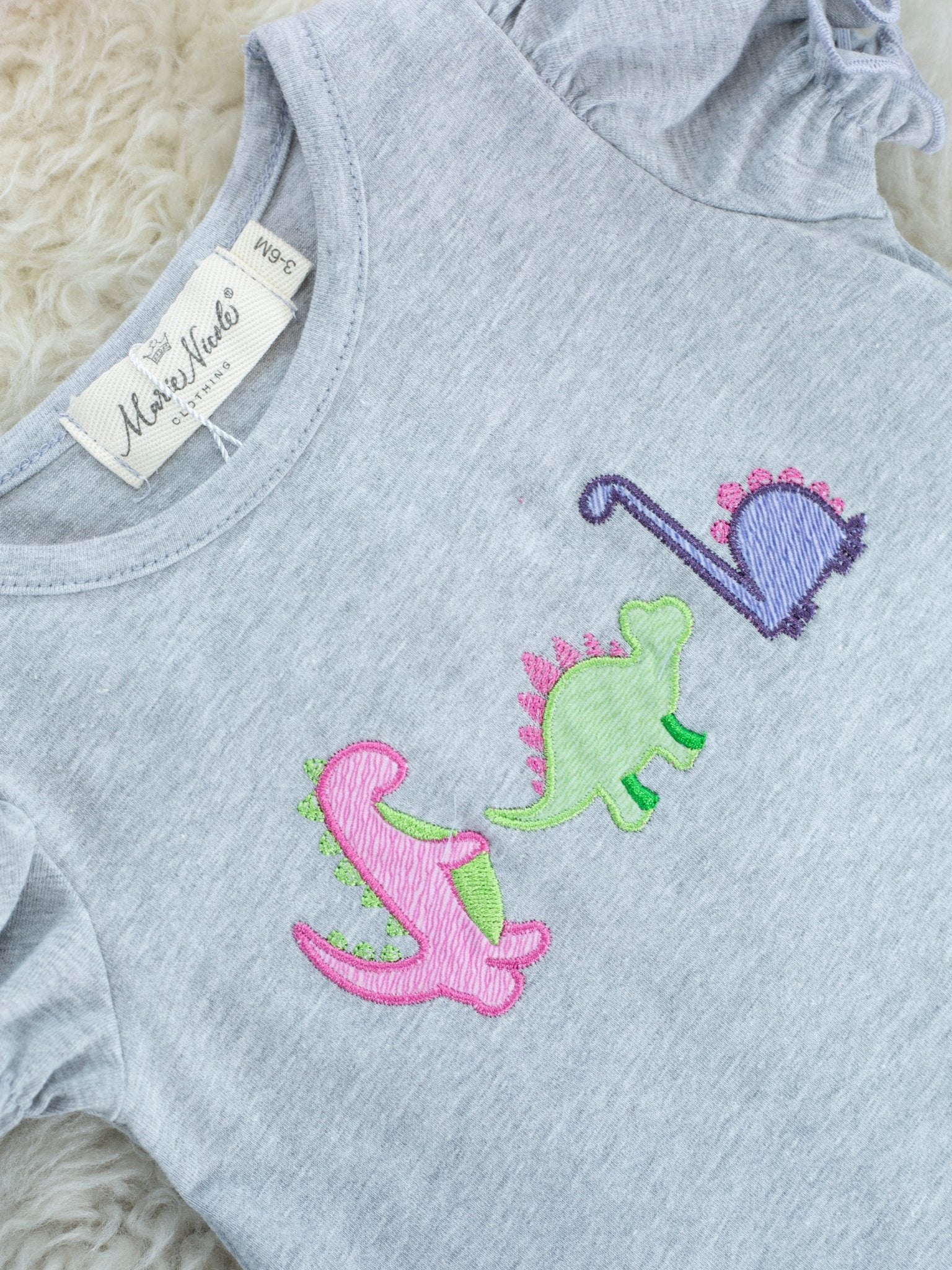 Grey Dinosaur Ruffle Romper - Marie Nicole Clothing