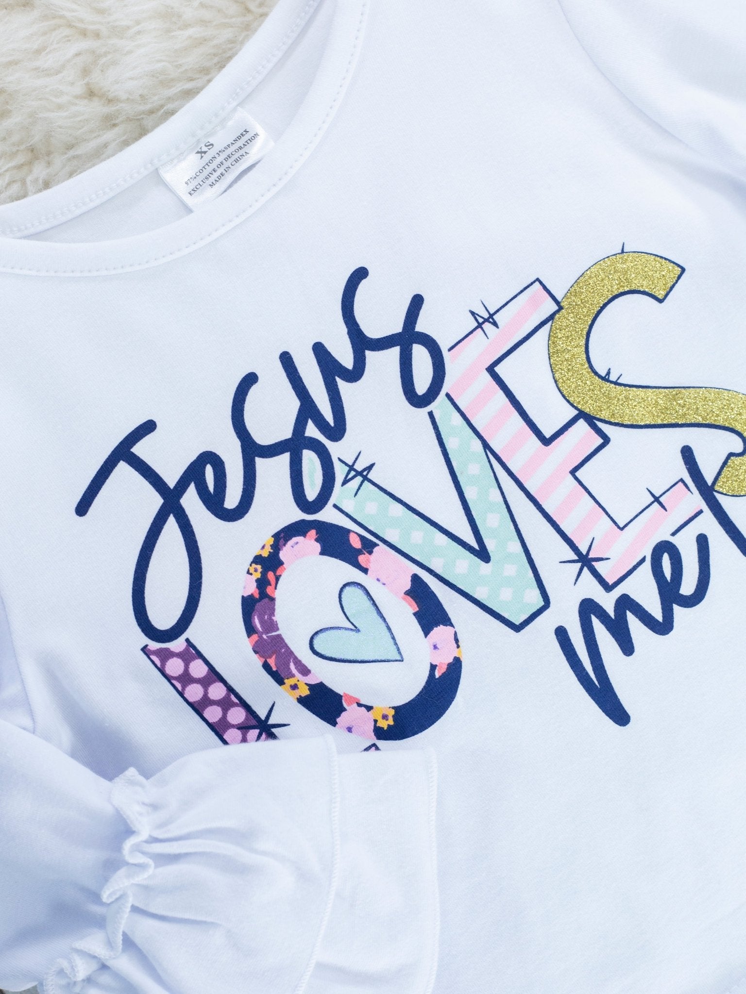 "Jesus Loves Me" Ruffle Top & Floral Pants Outfit - Marie Nicole Clothing