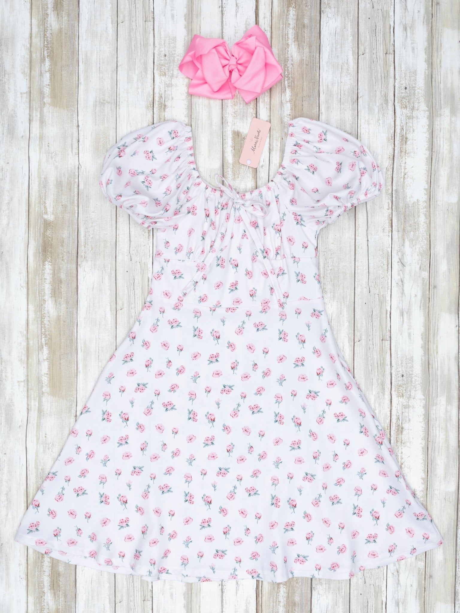Pink Floral Puff Sleeve Dress - Marie Nicole Clothing