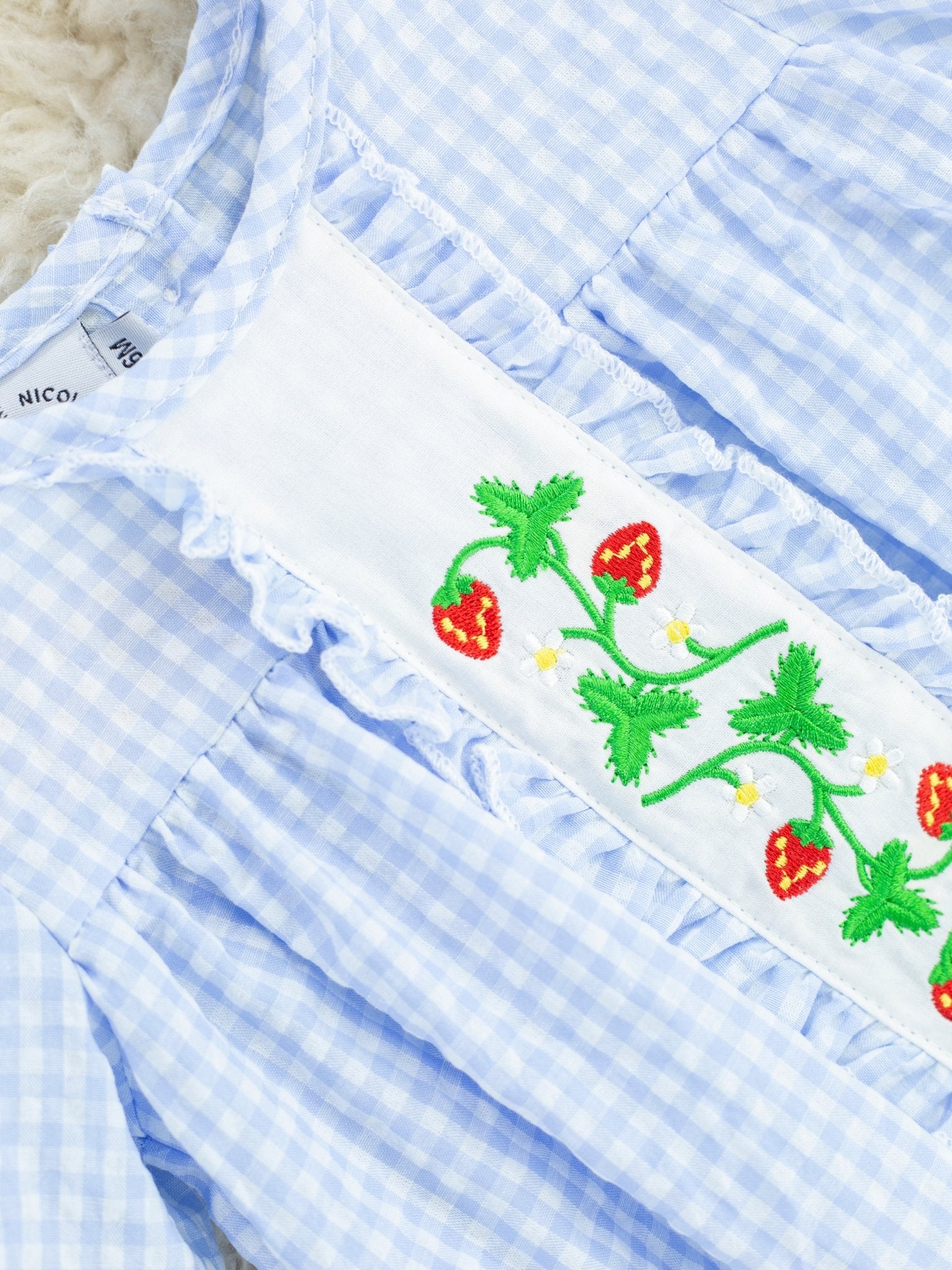 Light Blue Gingham Strawberry Bubble Romper - Marie Nicole Clothing