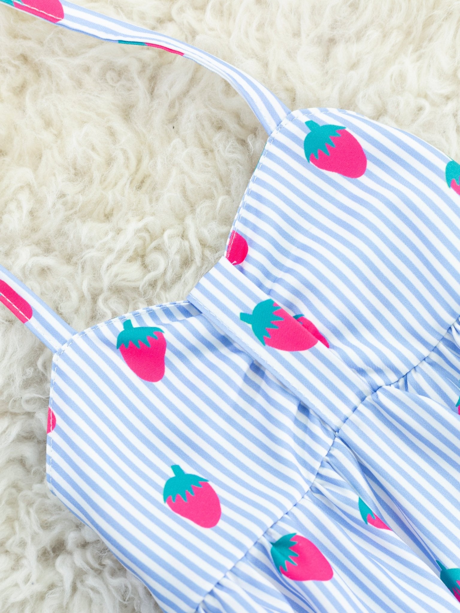 Blue Pinstripe Strawberry Ruffle Romper - Marie Nicole Clothing