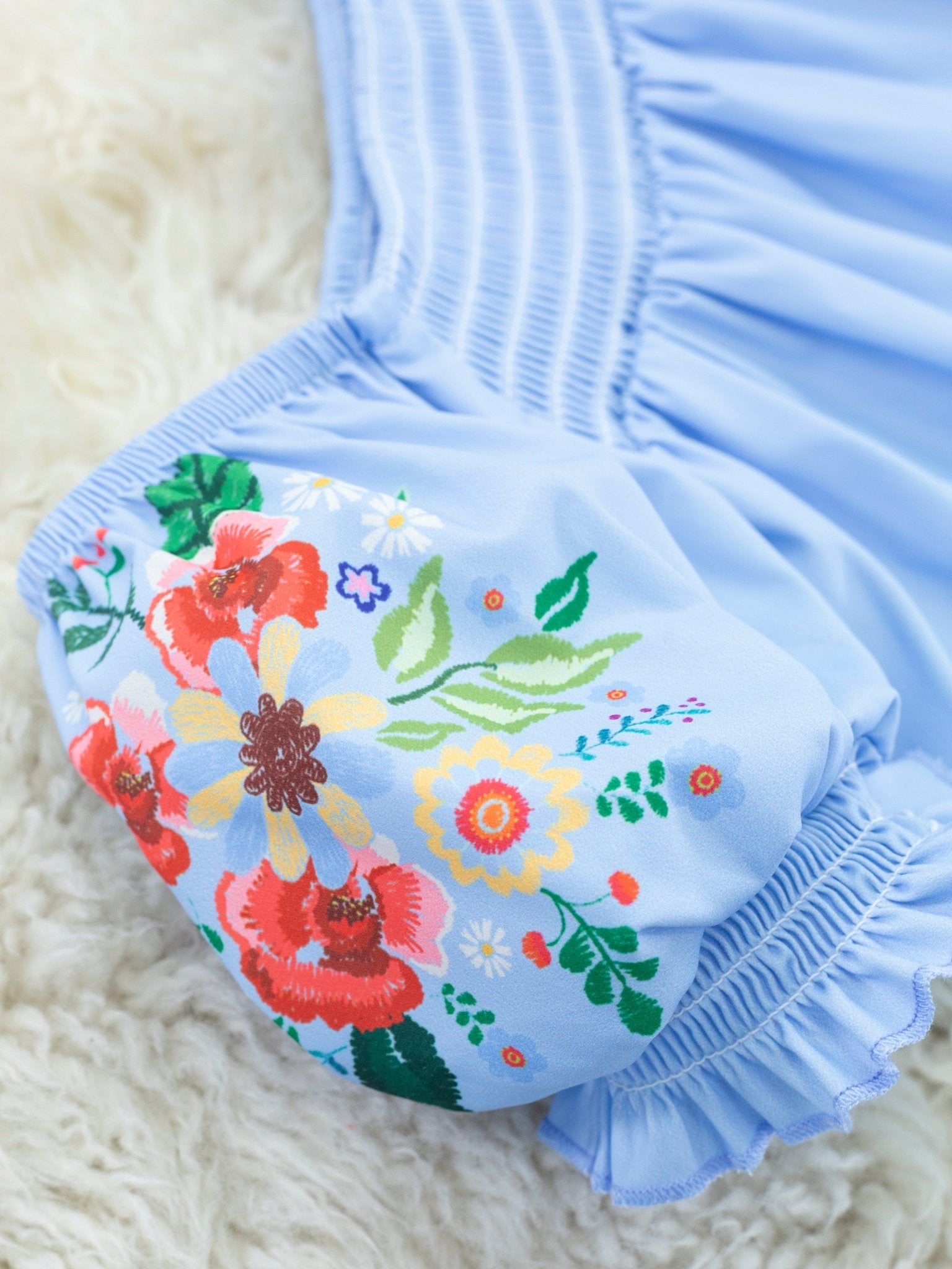 Cornflower Blue Smocked Floral Dress - Marie Nicole Clothing