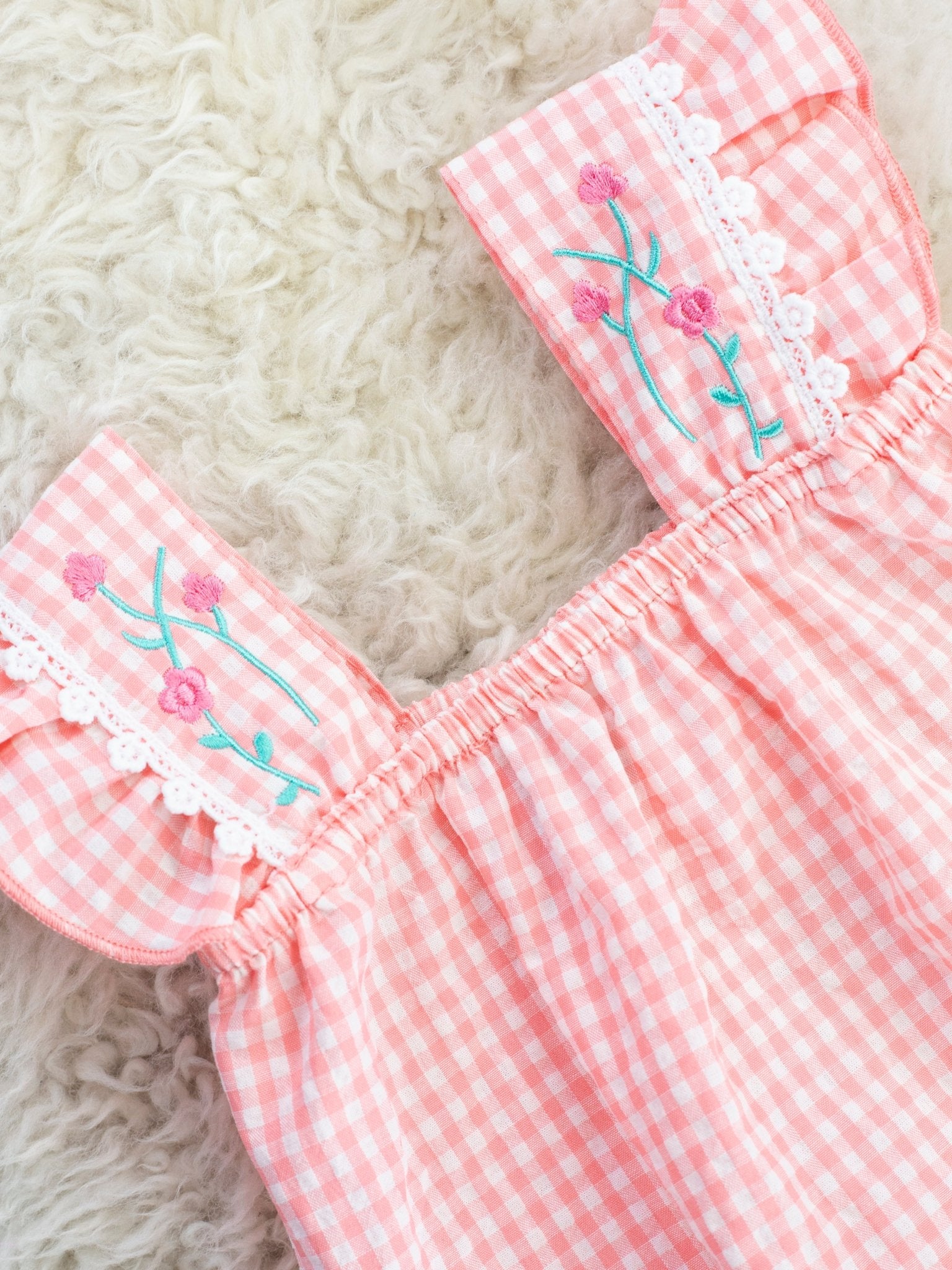 Coral Gingham Rose Flutter Sleeve Bubble Romper - Marie Nicole Clothing