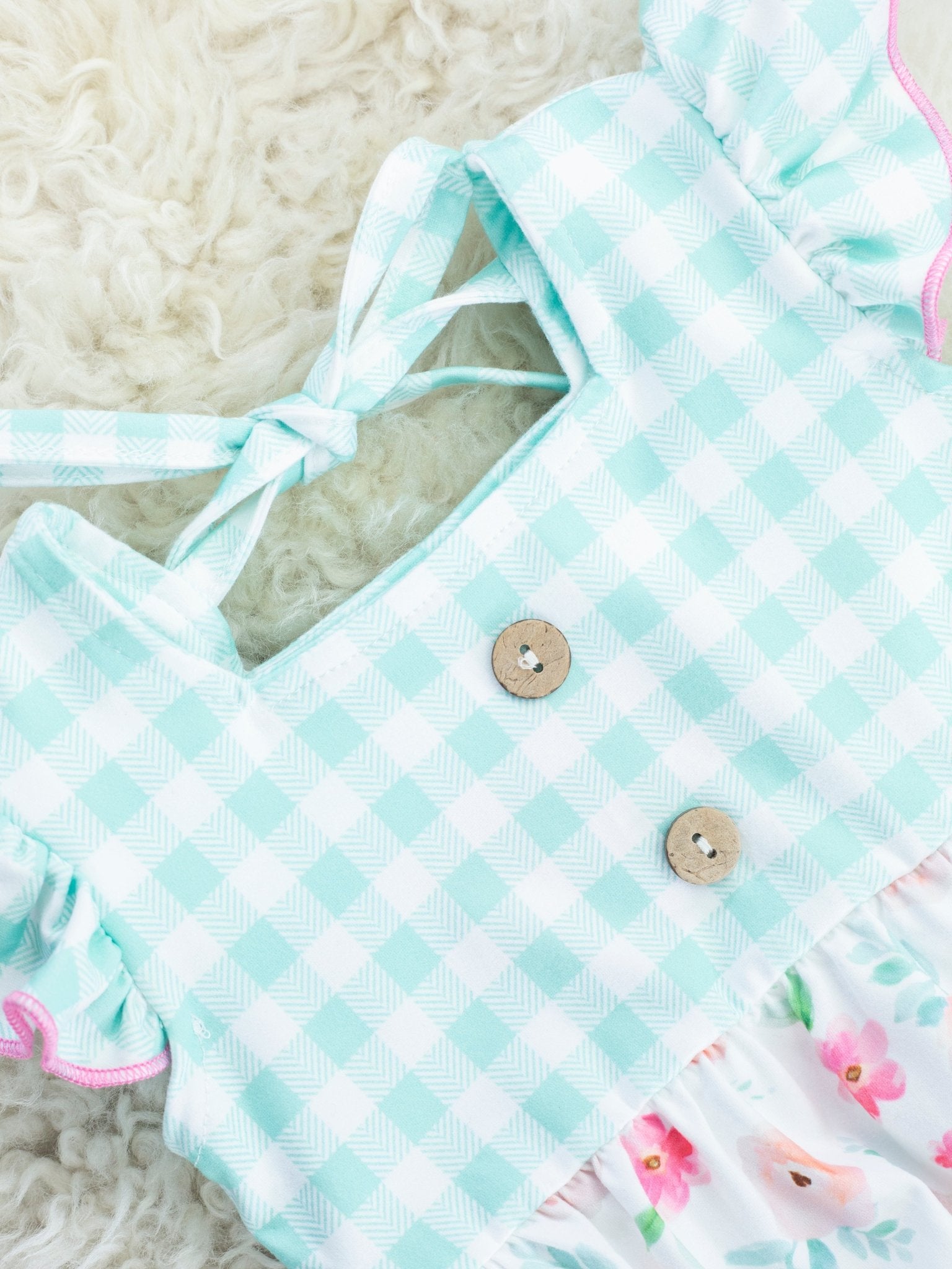 Mint Gingham Floral Ruffle Bubble Romper - Marie Nicole Clothing