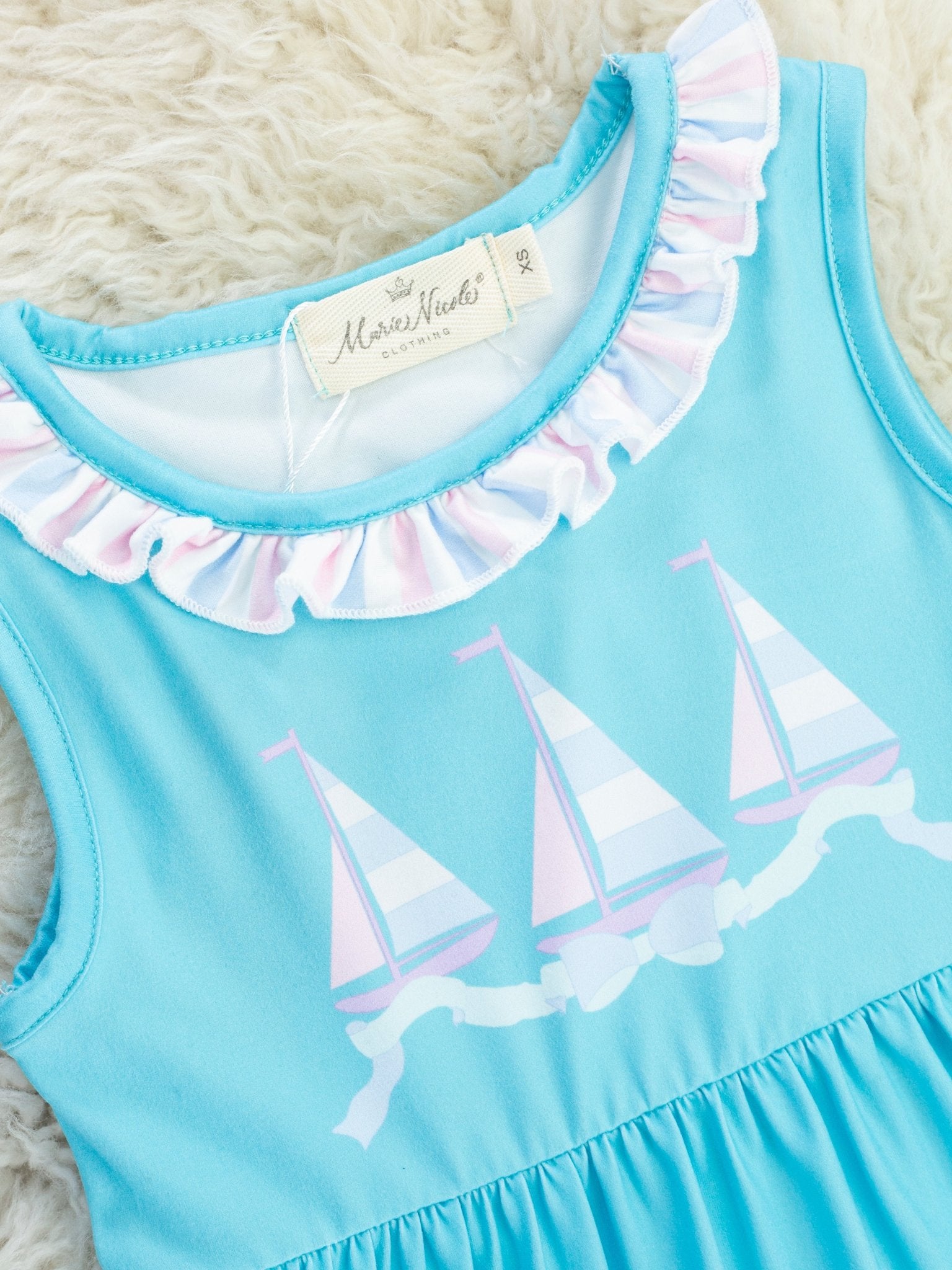 Blue Striped Sailboat Ruffle Dress - Marie Nicole Clothing