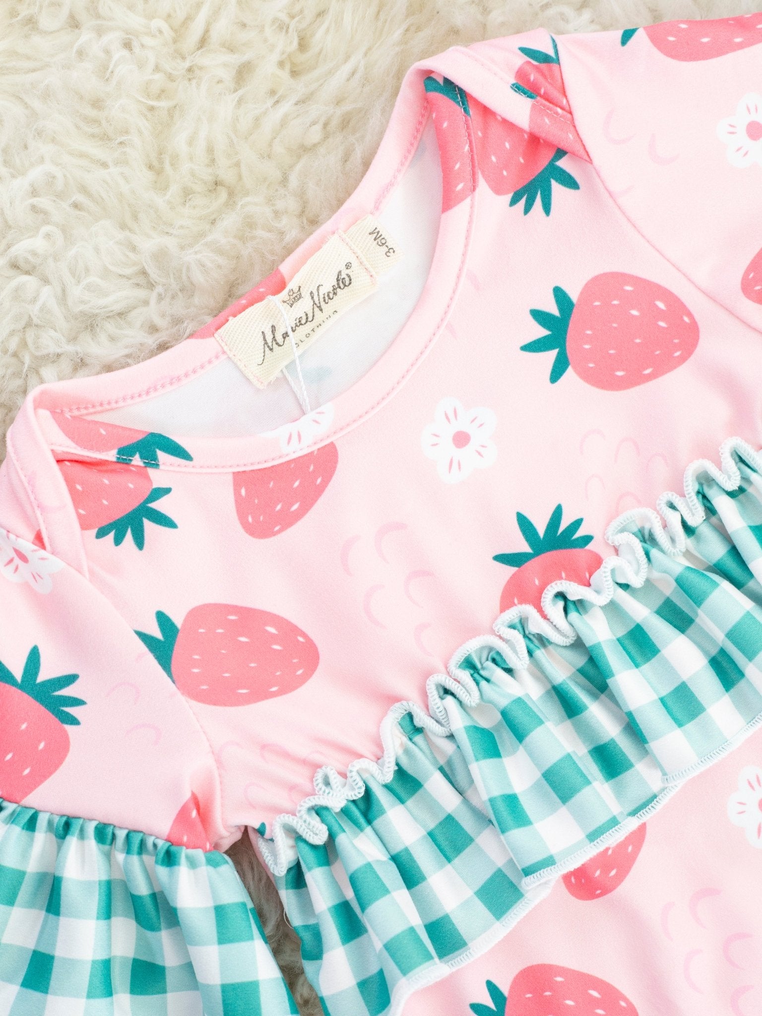 Green Gingham Strawberry Ruffle Bubble Romper - Marie Nicole Clothing