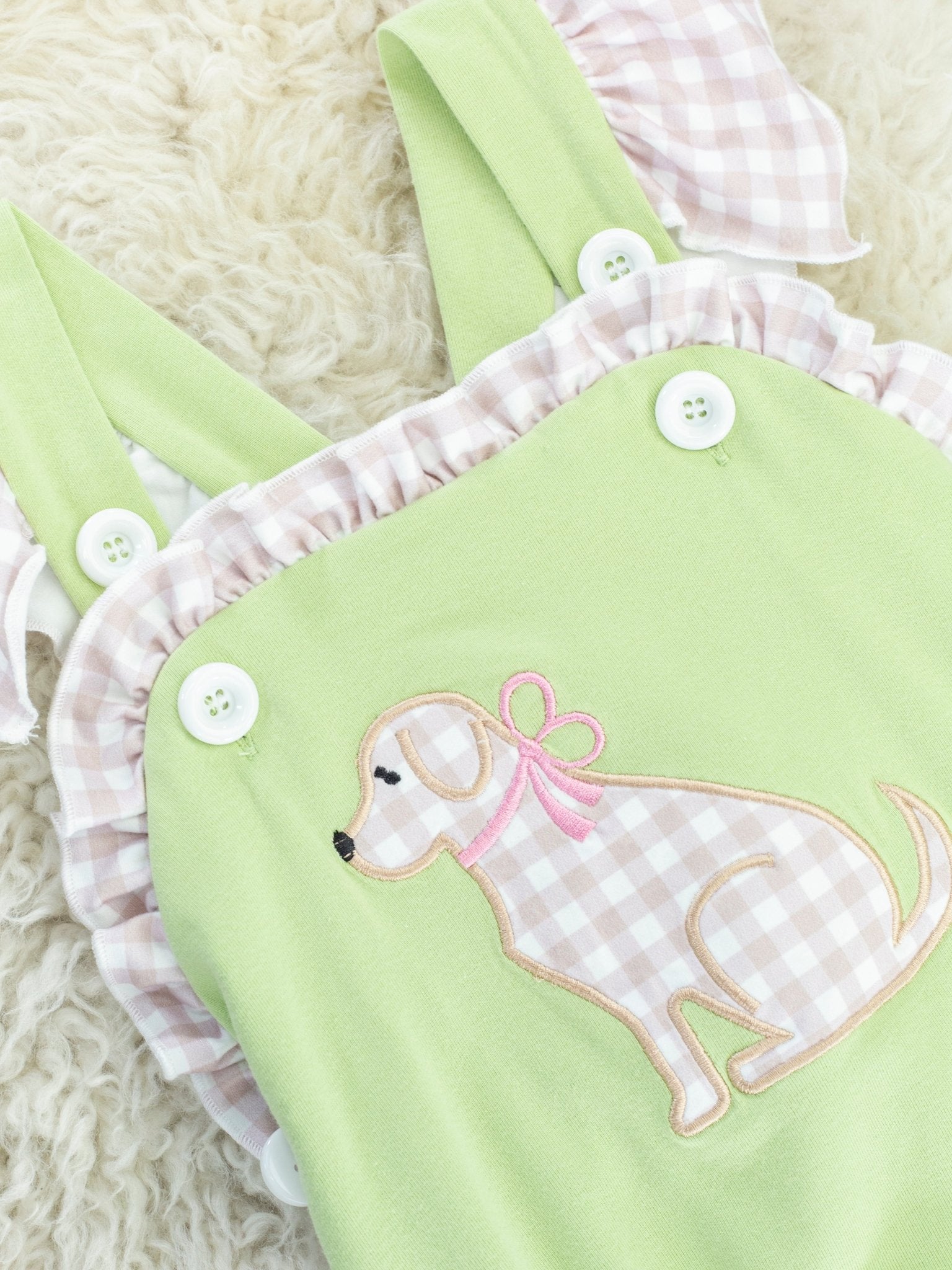 Green Gingham Dog Ruffle Bubble Romper - Marie Nicole Clothing
