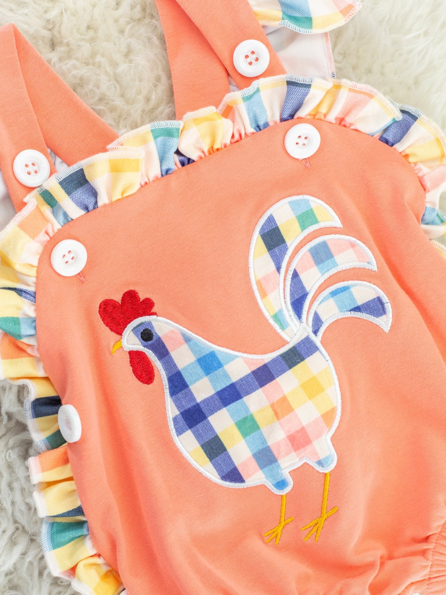 Orange Gingham Chicken Ruffle Bubble Romper - Marie Nicole Clothing