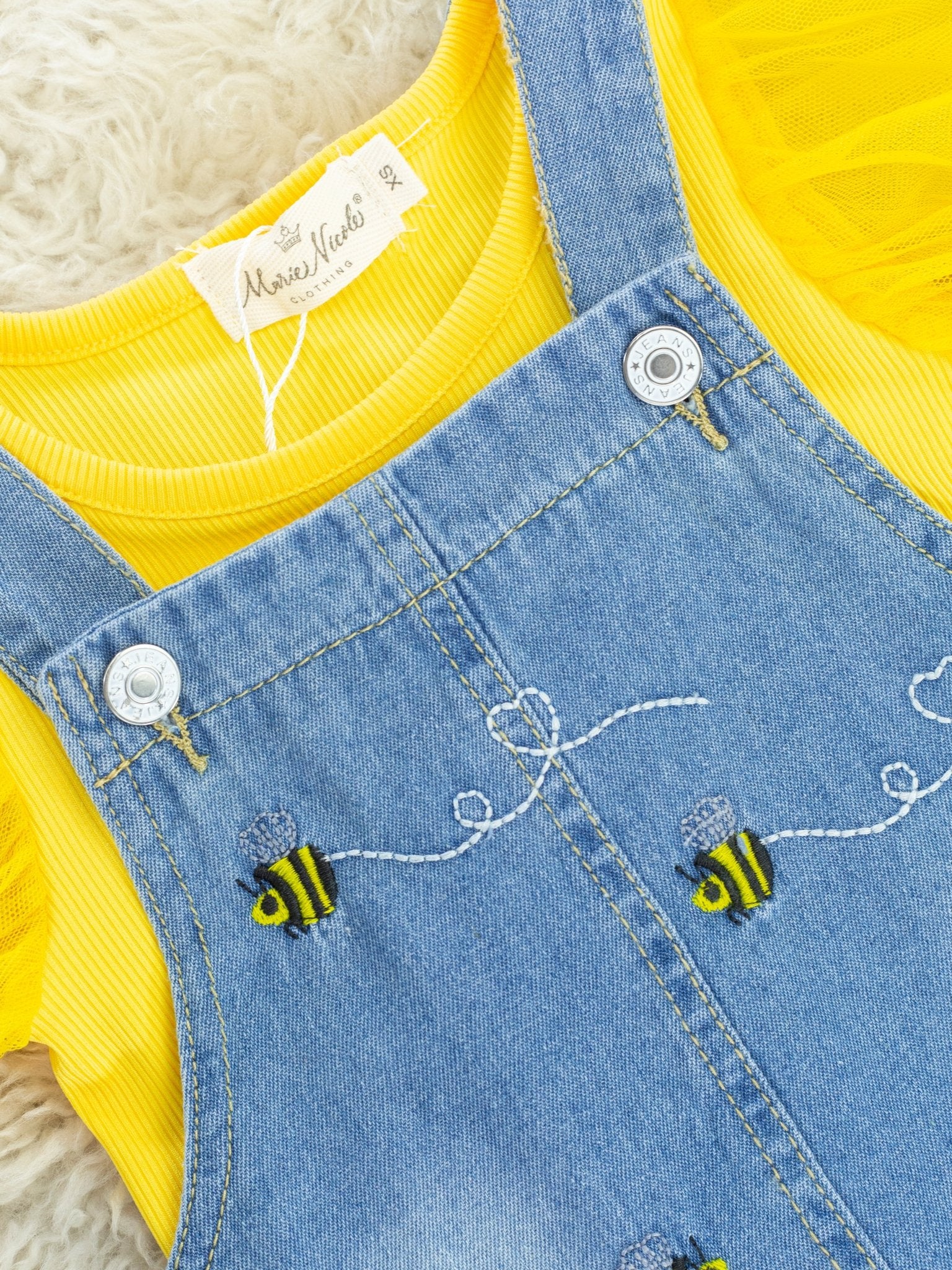Yellow Tulle Top & Denim Bee Overall Set - Marie Nicole Clothing