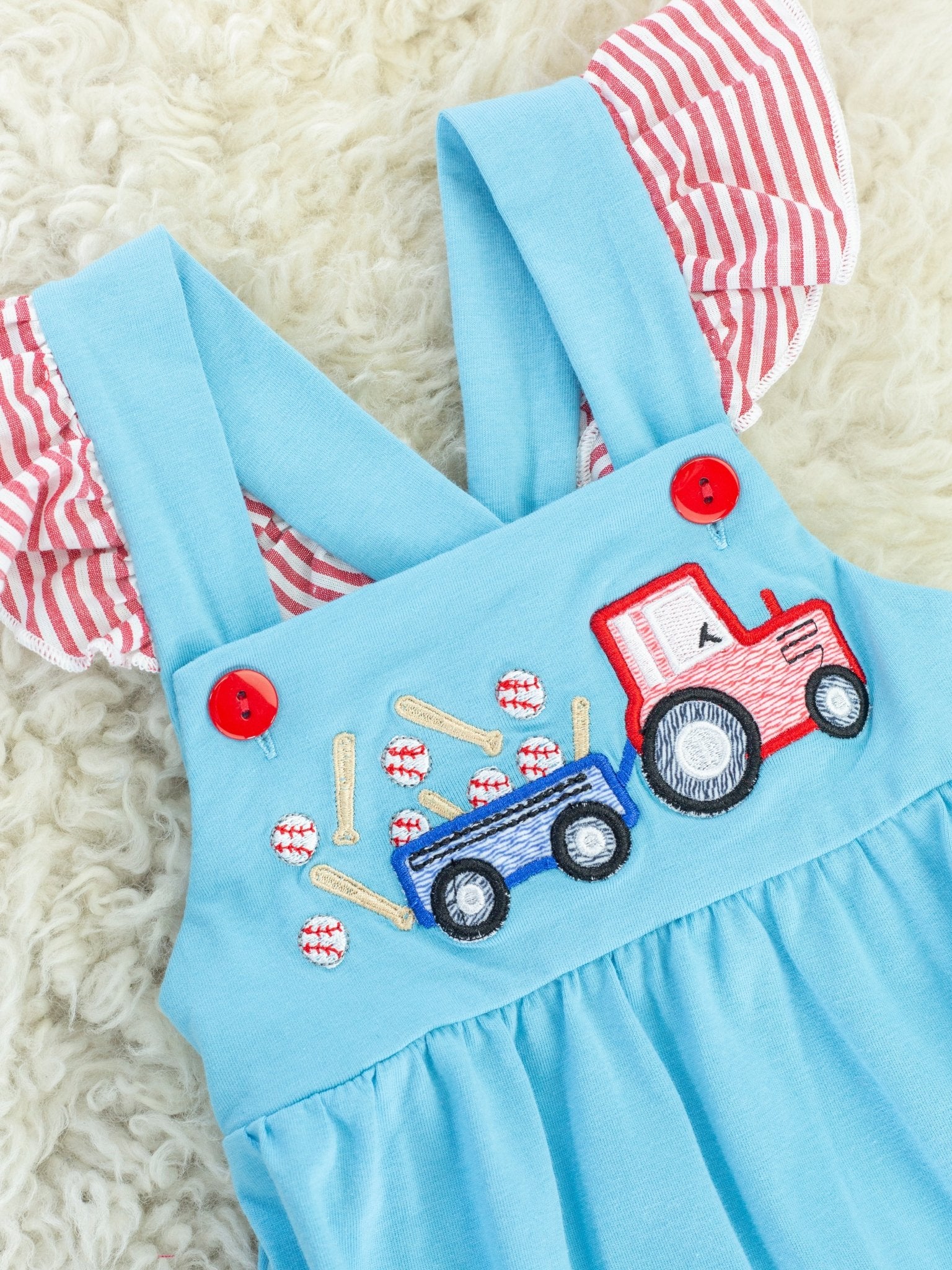 Striped Baseball Truck Ruffle Bubble Romper - Marie Nicole Clothing