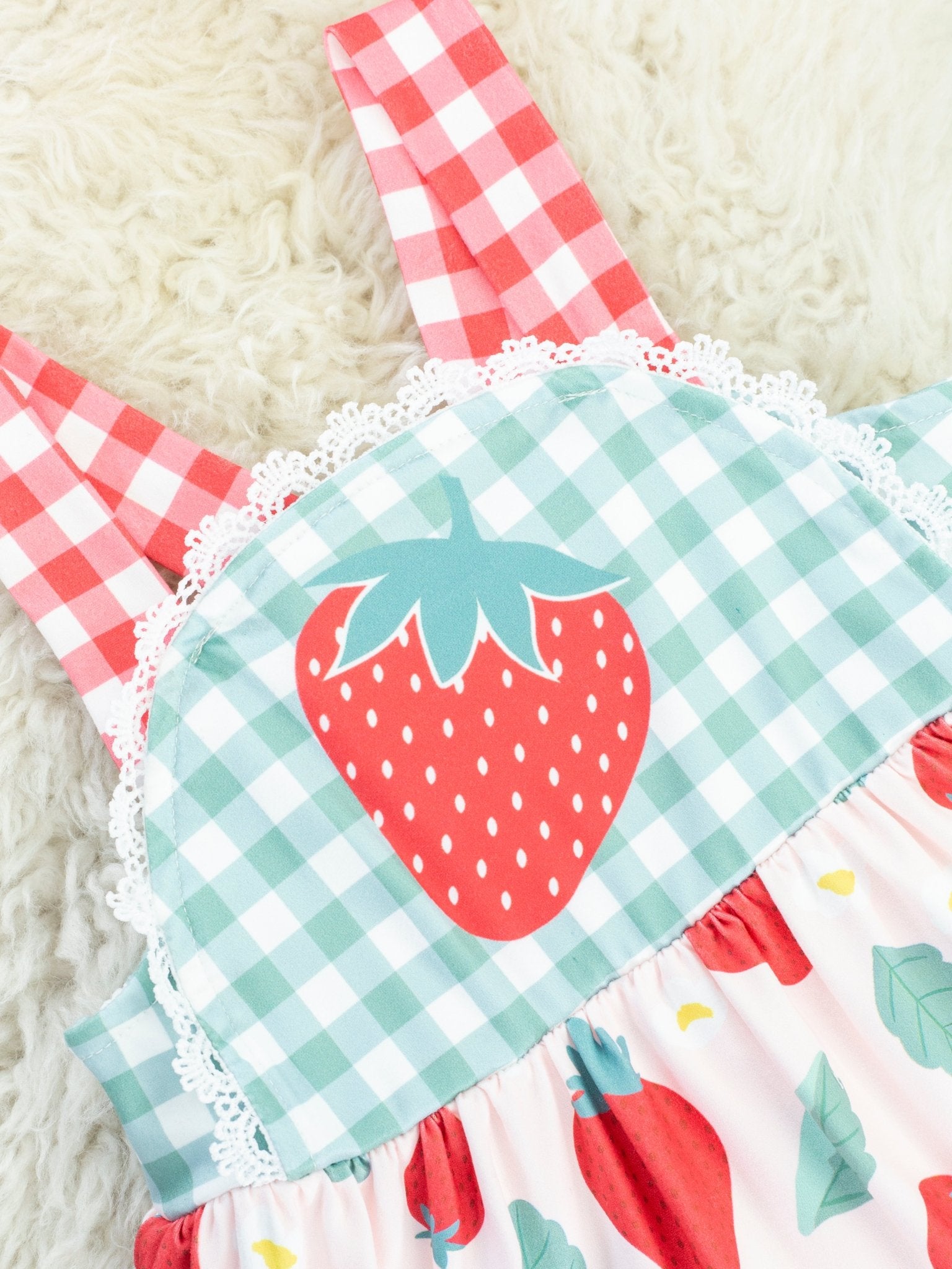 Gingham Strawberry Ruffle Dress - Marie Nicole Clothing