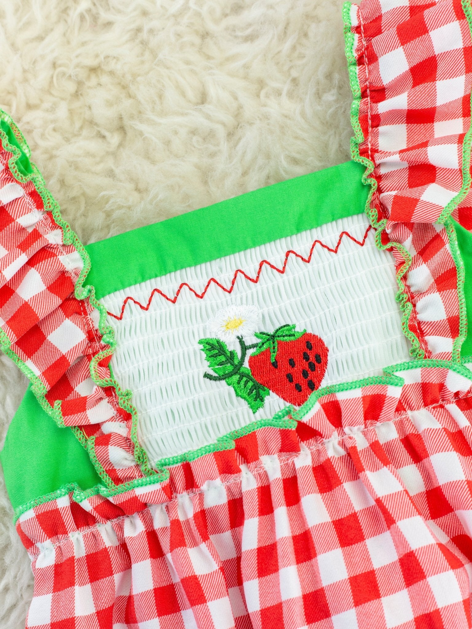 Red Gingham Strawberry Smocked Tank Bubble Romper - Marie Nicole Clothing