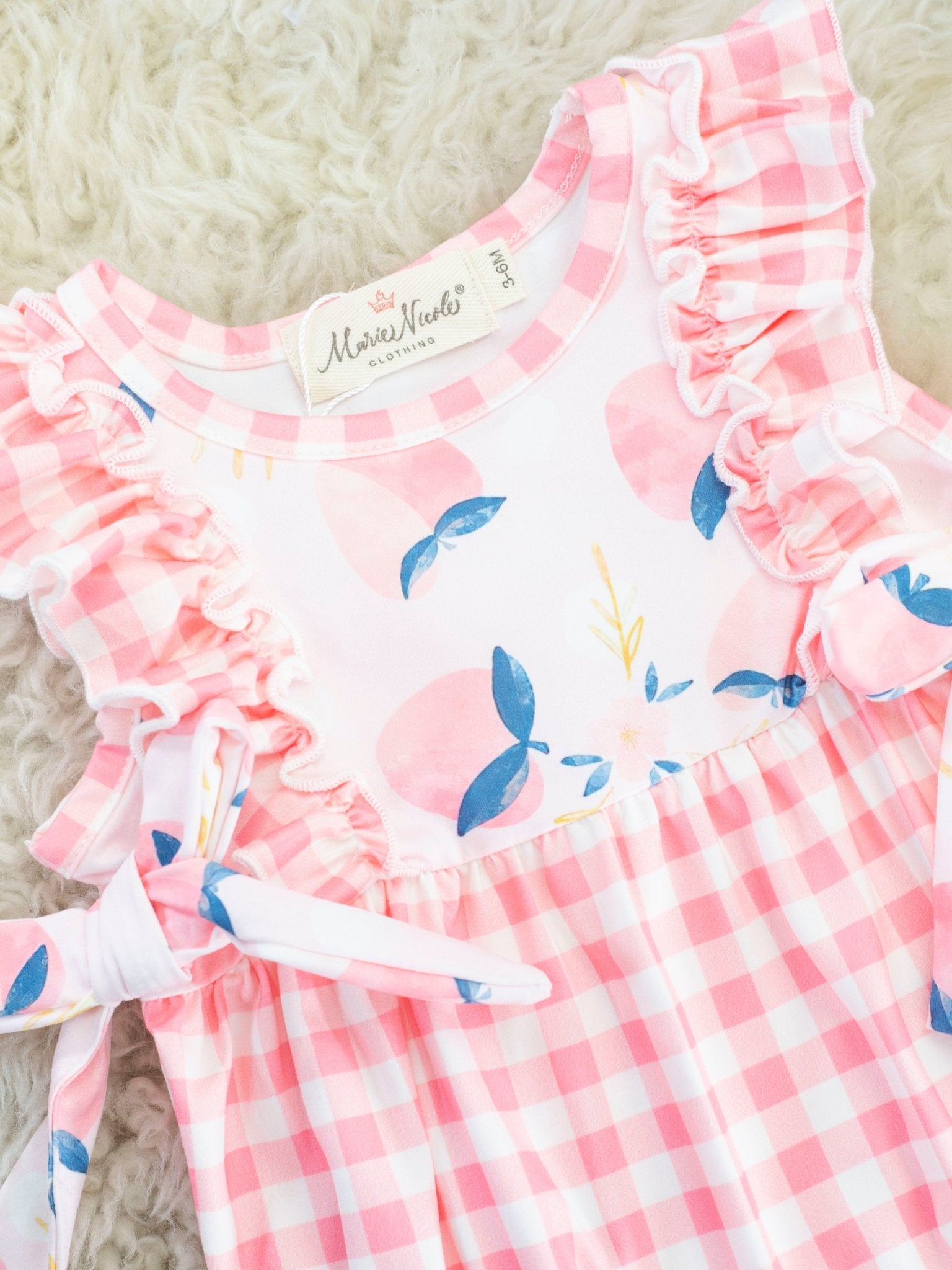 Pink Gingham Peach Ruffle Bubble Romper - Marie Nicole Clothing