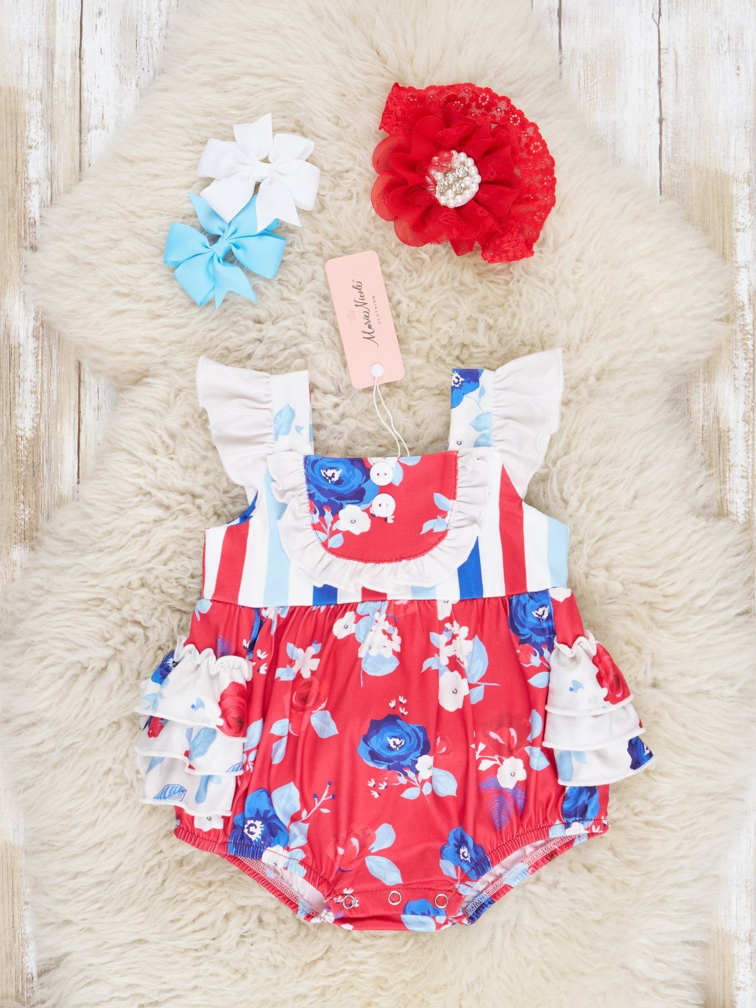 Red White & Blue Floral Ruffle Bubble Romper - Marie Nicole Clothing