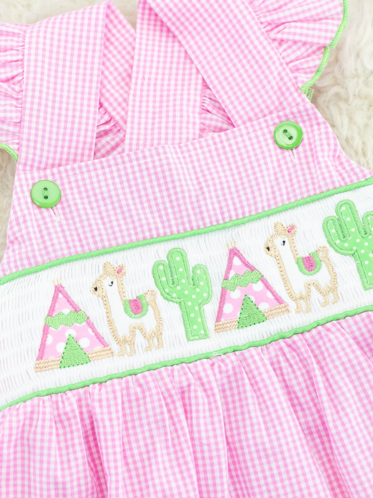 Pink Gingham Smocked Llama Dress - Marie Nicole Clothing