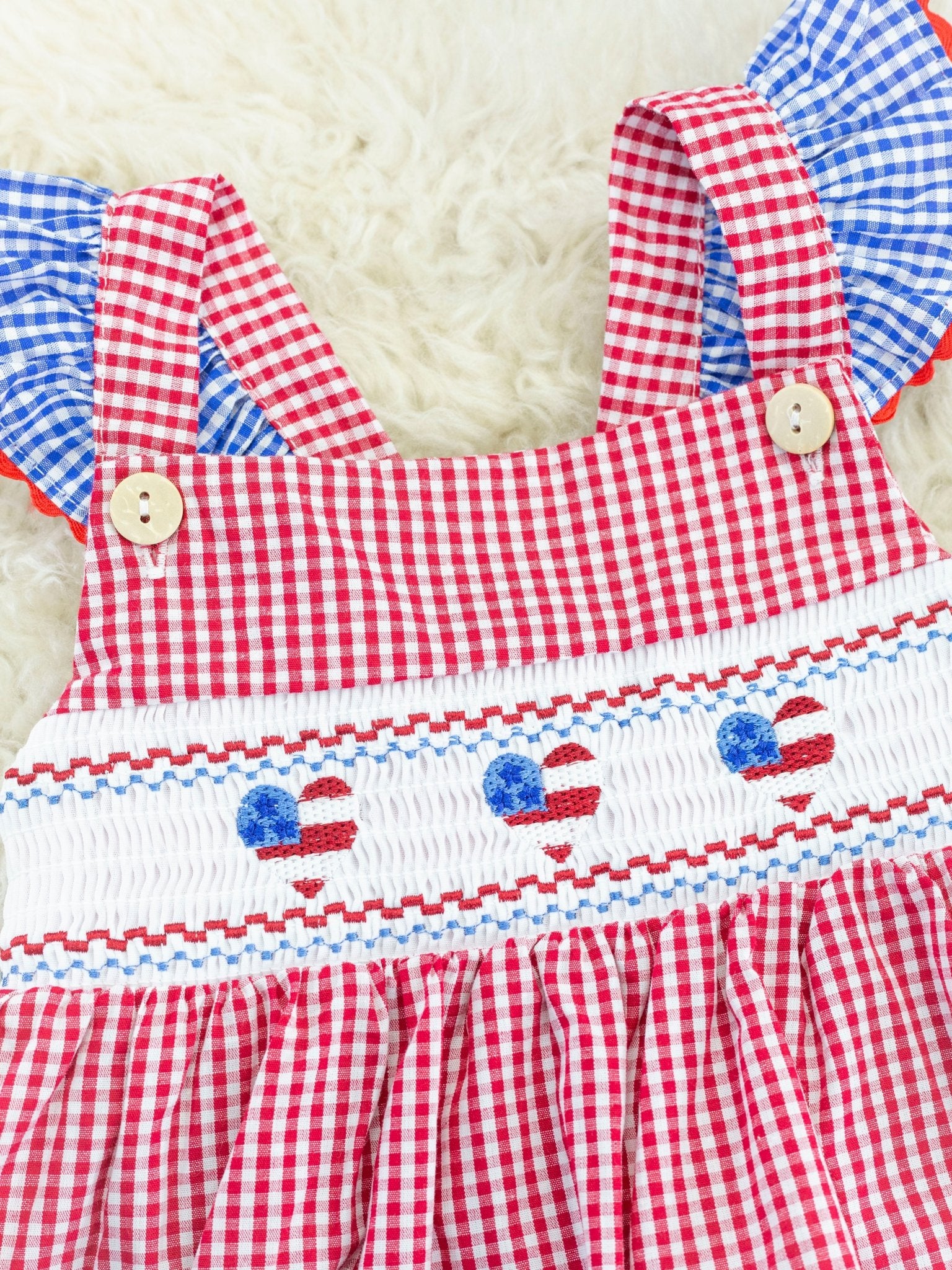 Red Gingham American Heart Smocked Dress - Marie Nicole Clothing