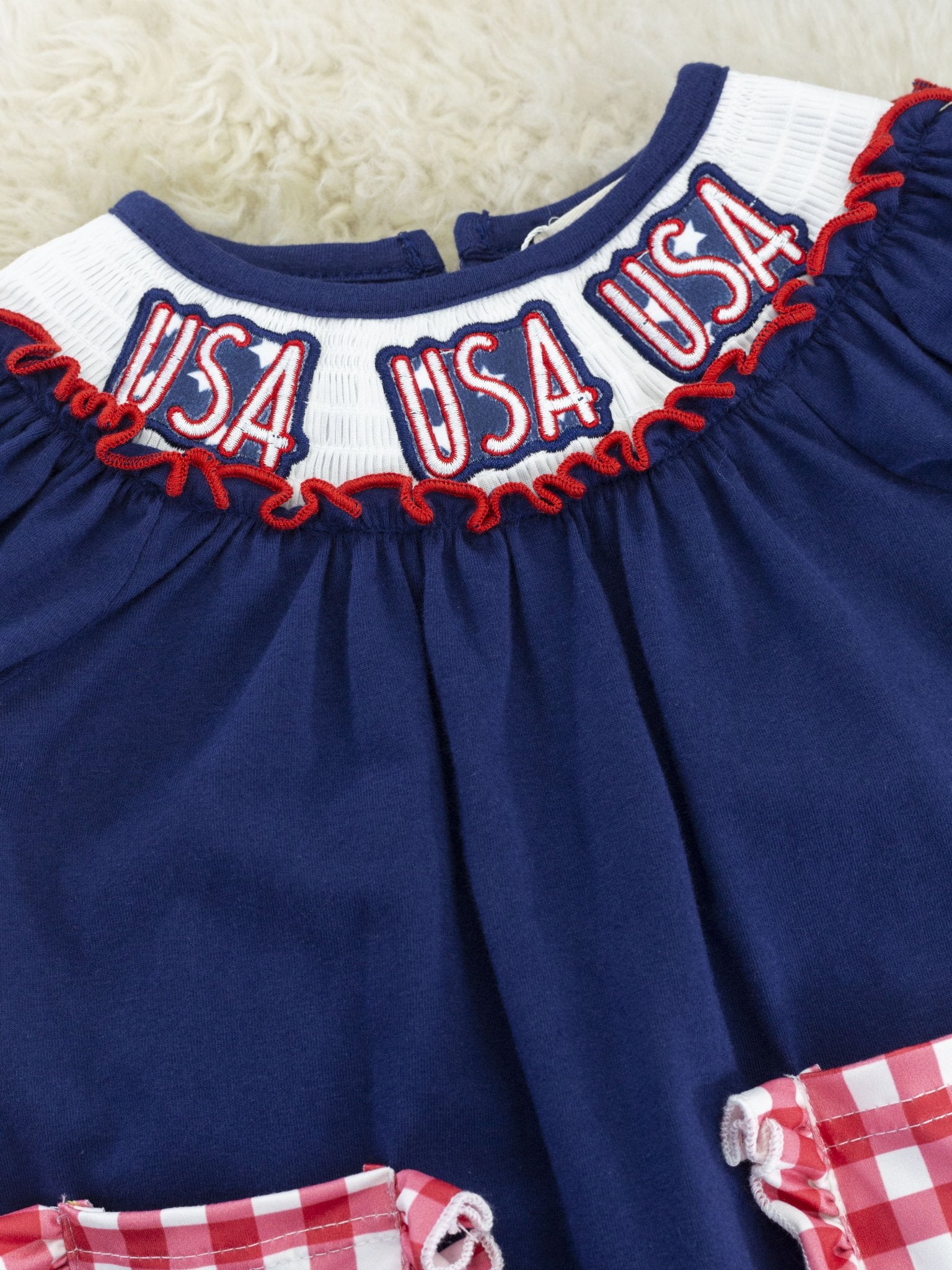"USA" Smocked Gingham Romper - Marie Nicole Clothing