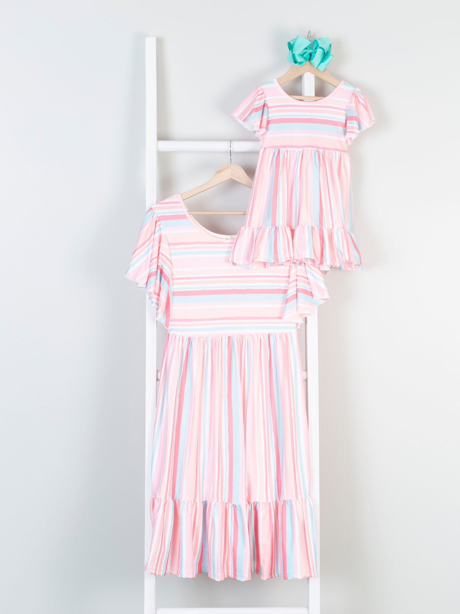 Mom & Me Tiered Coral Stripe Ruffle Dress - Marie Nicole Clothing
