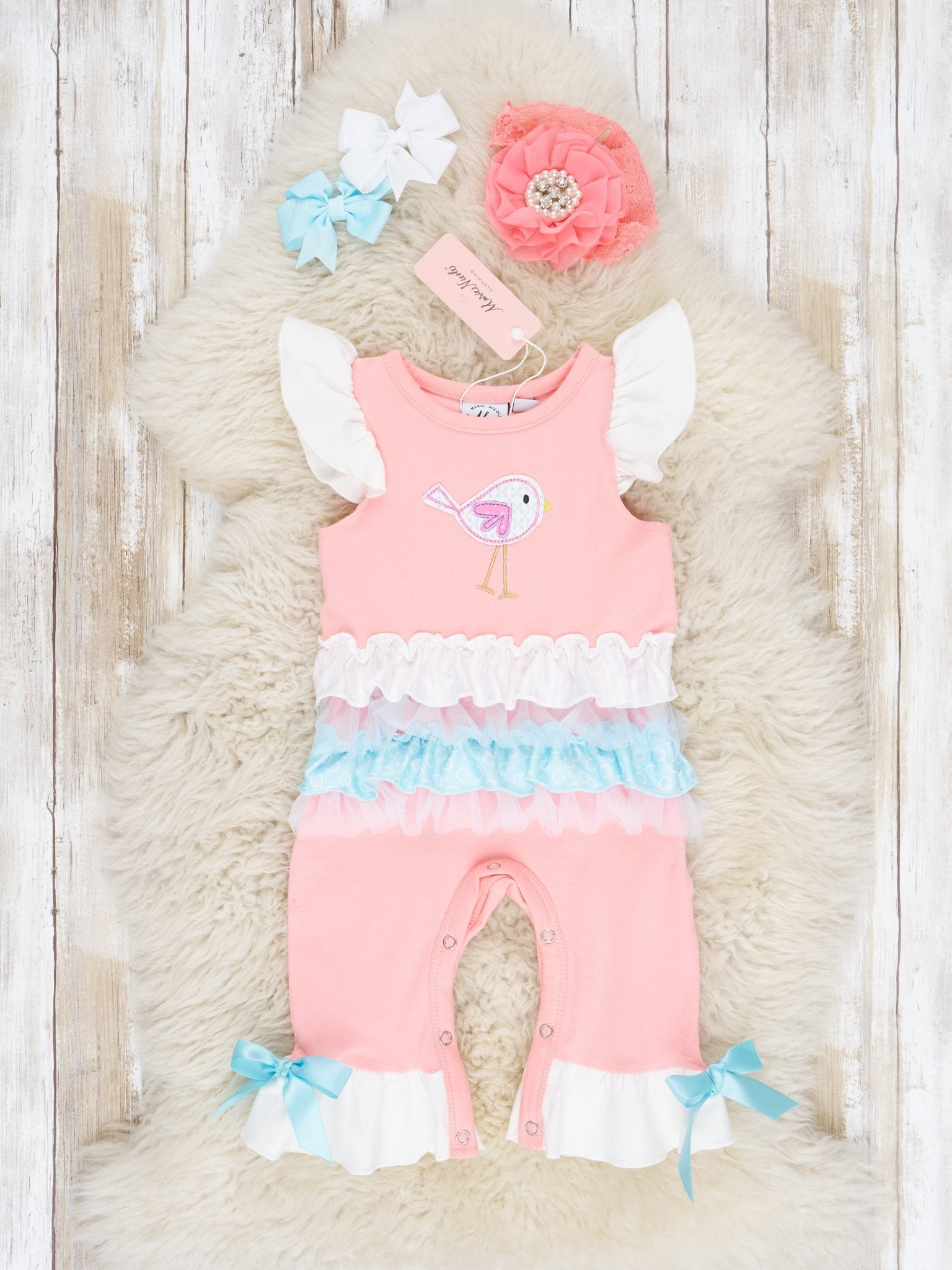 Pink Bird Ruffle Romper - Marie Nicole Clothing