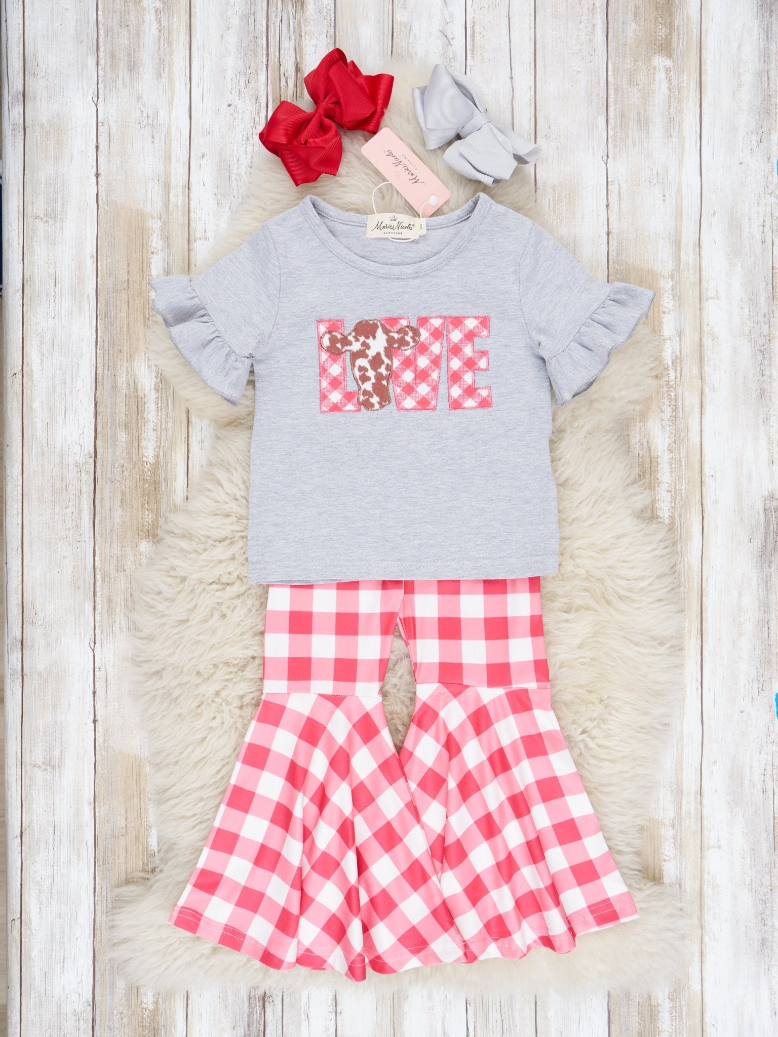 Red Gingham "LOVE" Cow Outfit - Marie Nicole Clothing