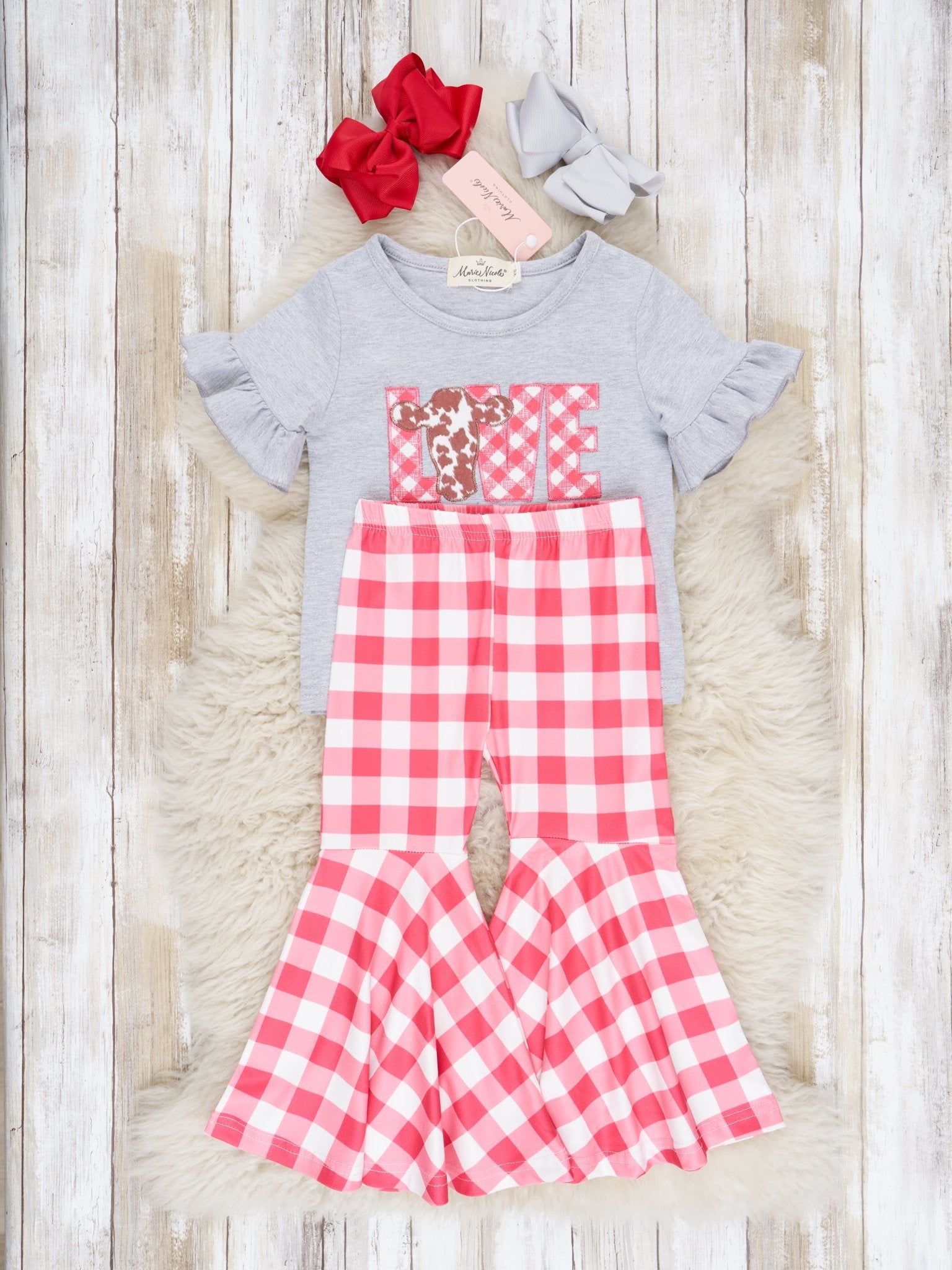 Red Gingham "LOVE" Cow Outfit - Marie Nicole Clothing