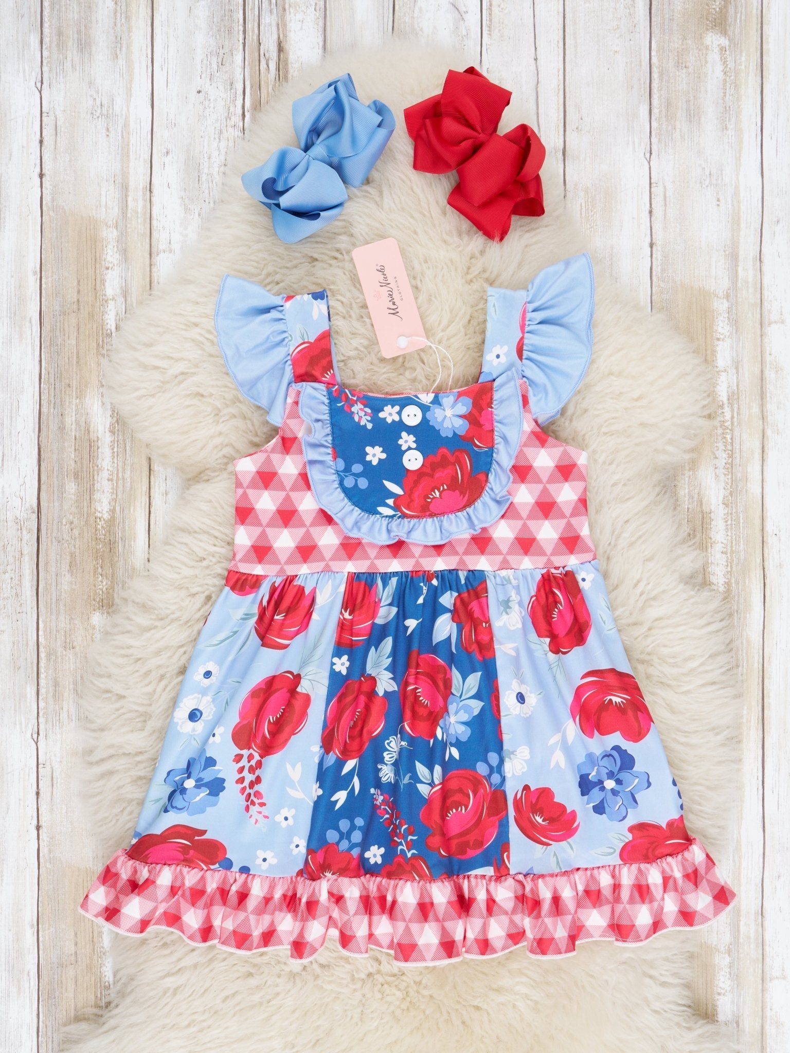 Red & Blue Rose Ruffle Dress - Marie Nicole Clothing