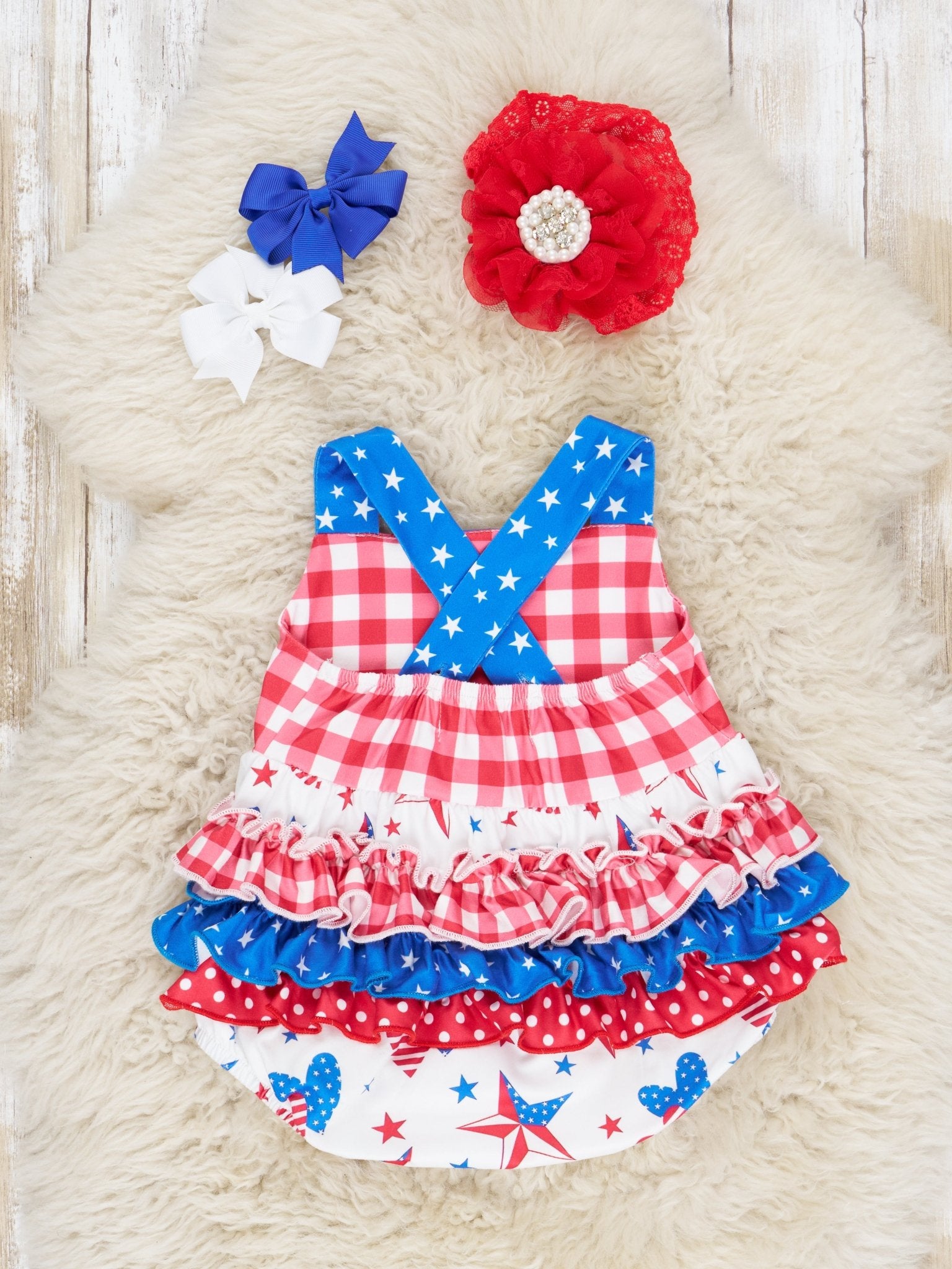 Stars & Stripes Heart Ruffle Bubble Romper - Marie Nicole Clothing
