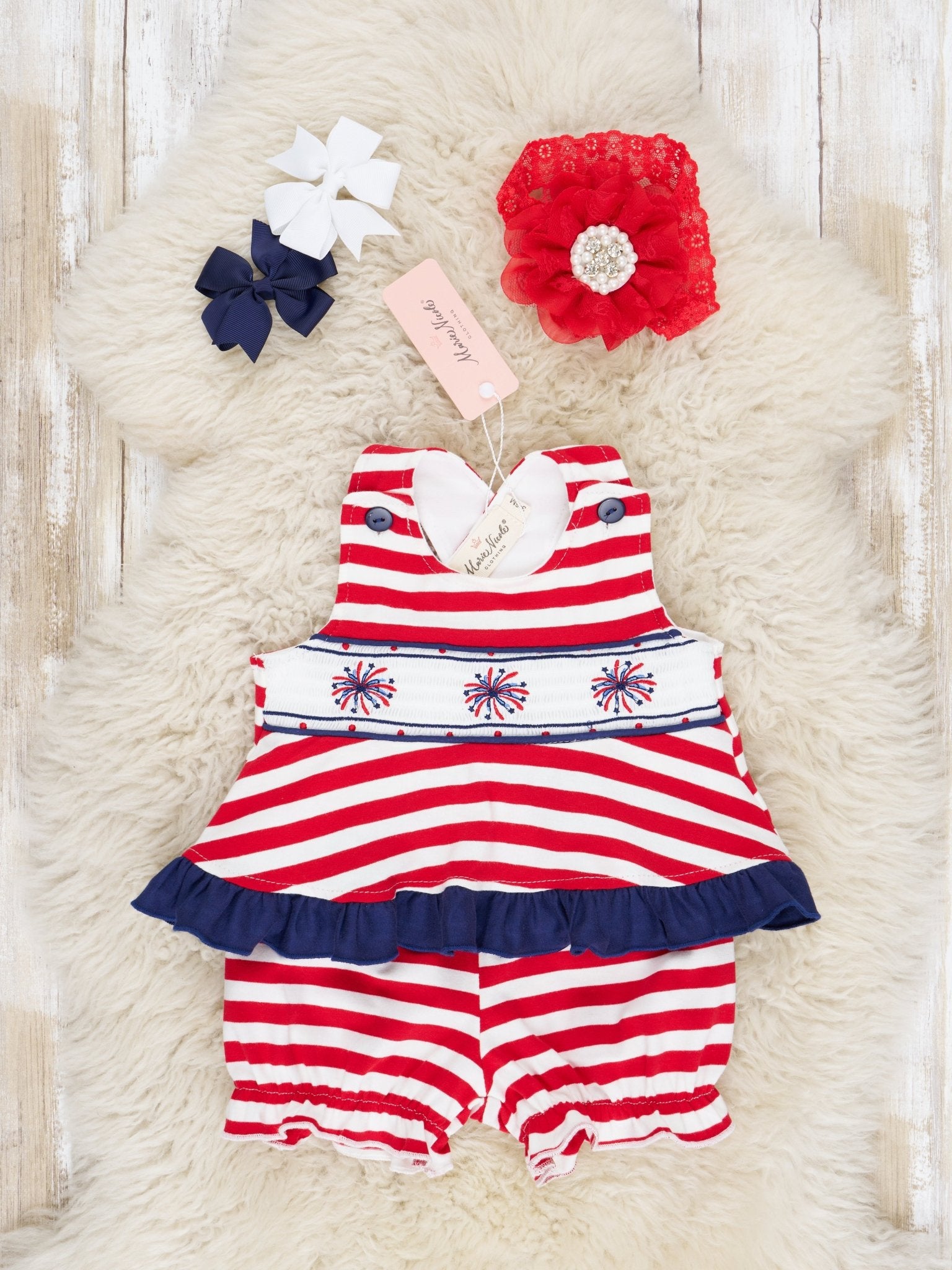 Striped Smocked Firework Bloomers Outfit - Marie Nicole Clothing
