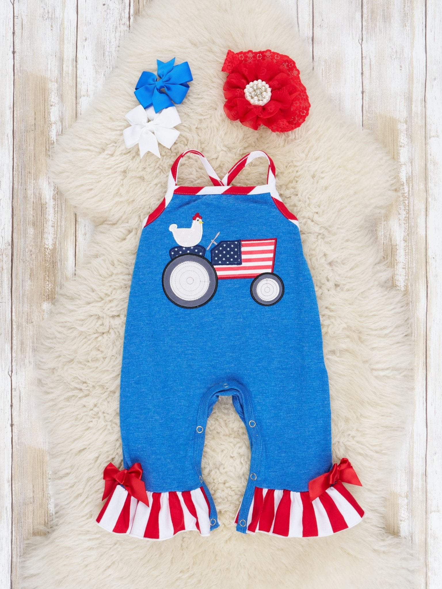 Patriotic Chicken Tractor Ruffle Romper - Marie Nicole Clothing
