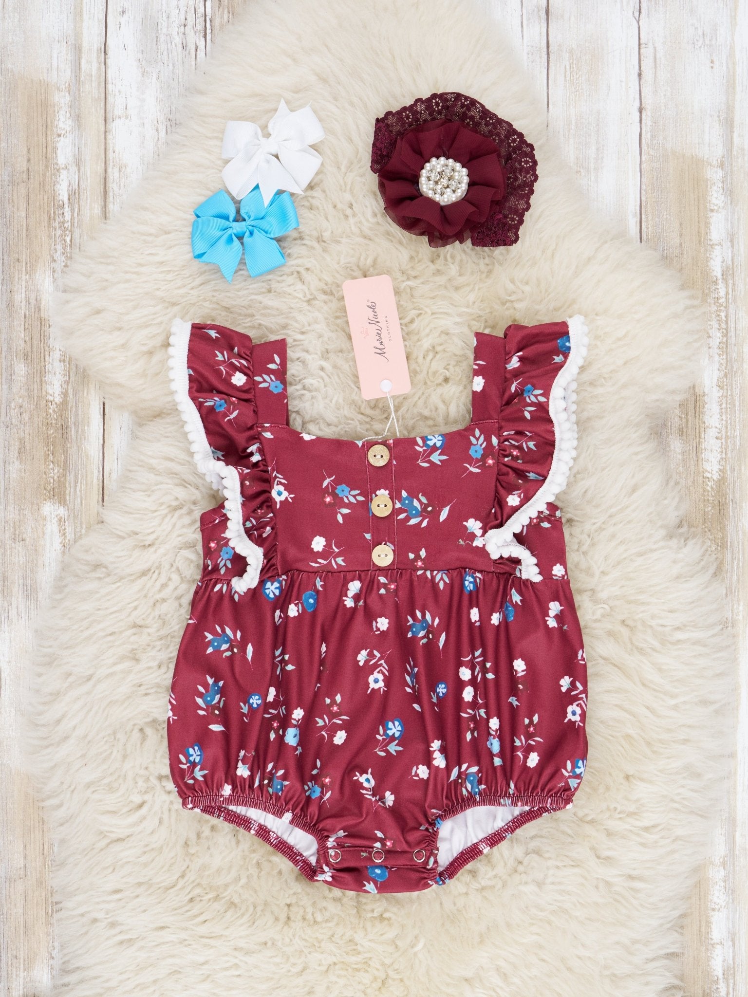 Burgundy Floral Ruffle Bubble Romper - Marie Nicole Clothing