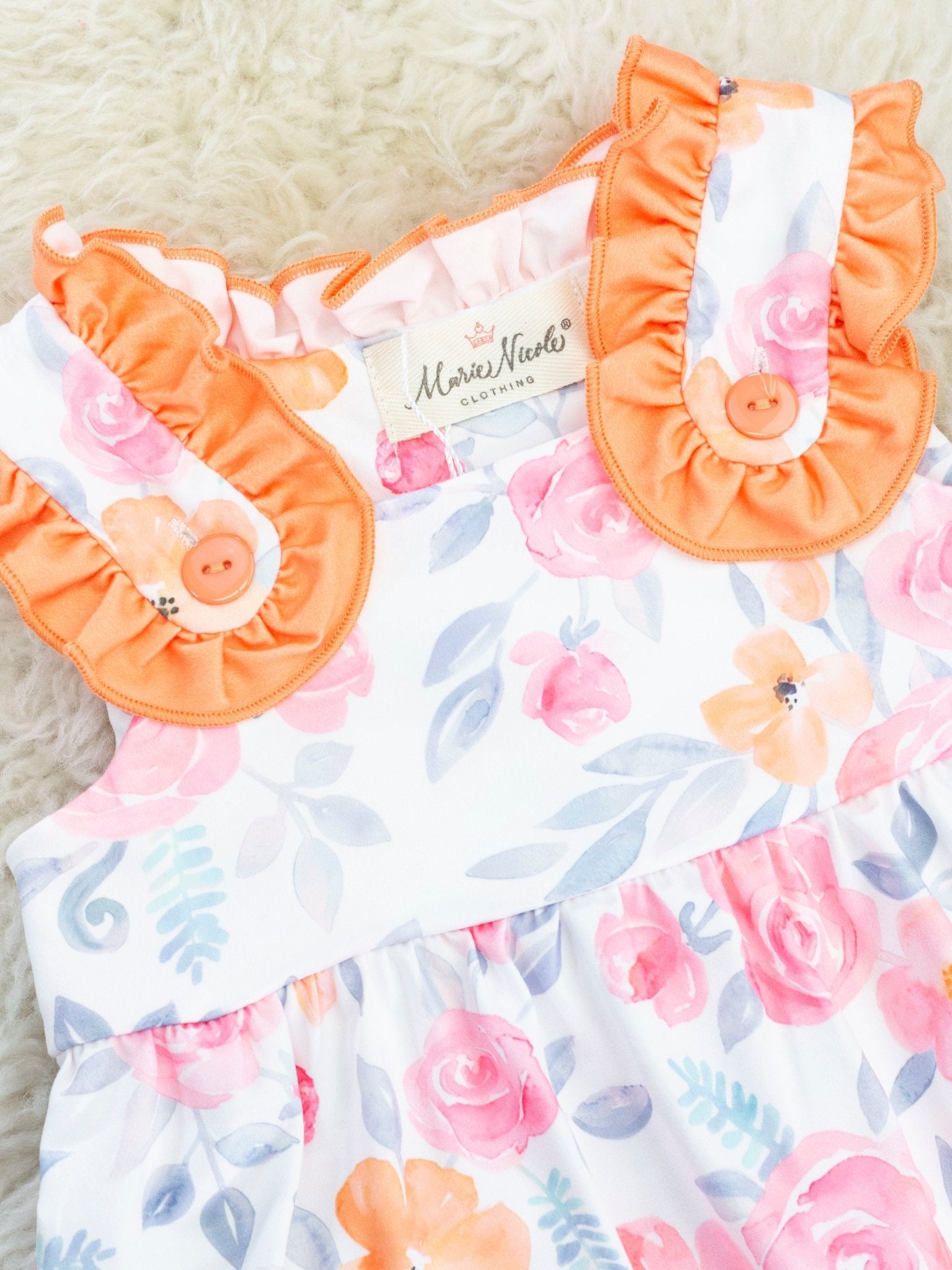 Pink & Orange Rose Ruffle Romper - Marie Nicole Clothing