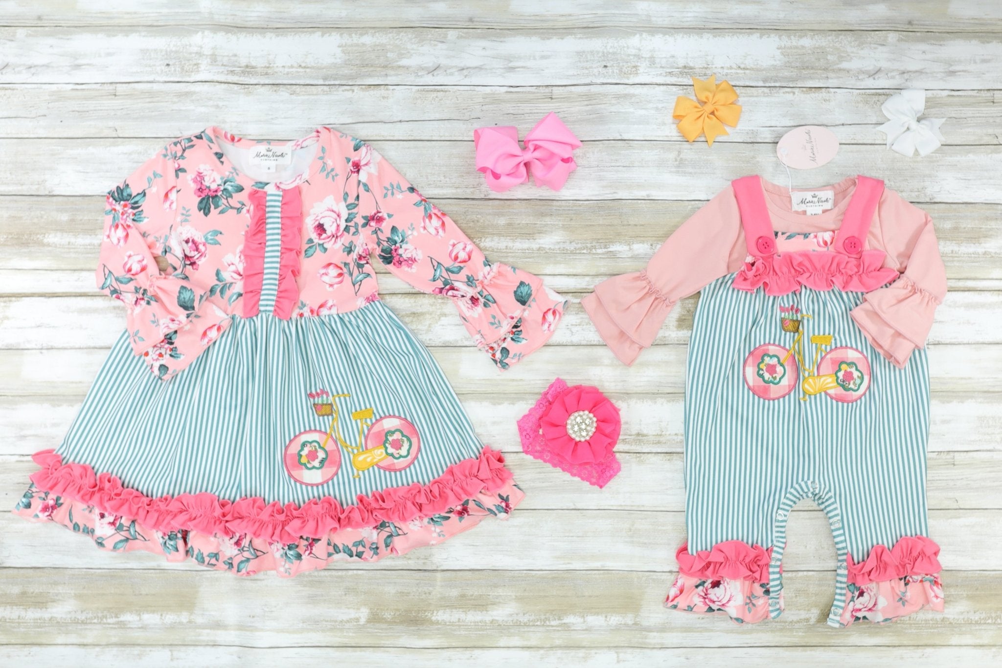 Pink & Green Bike Ruffle Dress - Marie Nicole Clothing