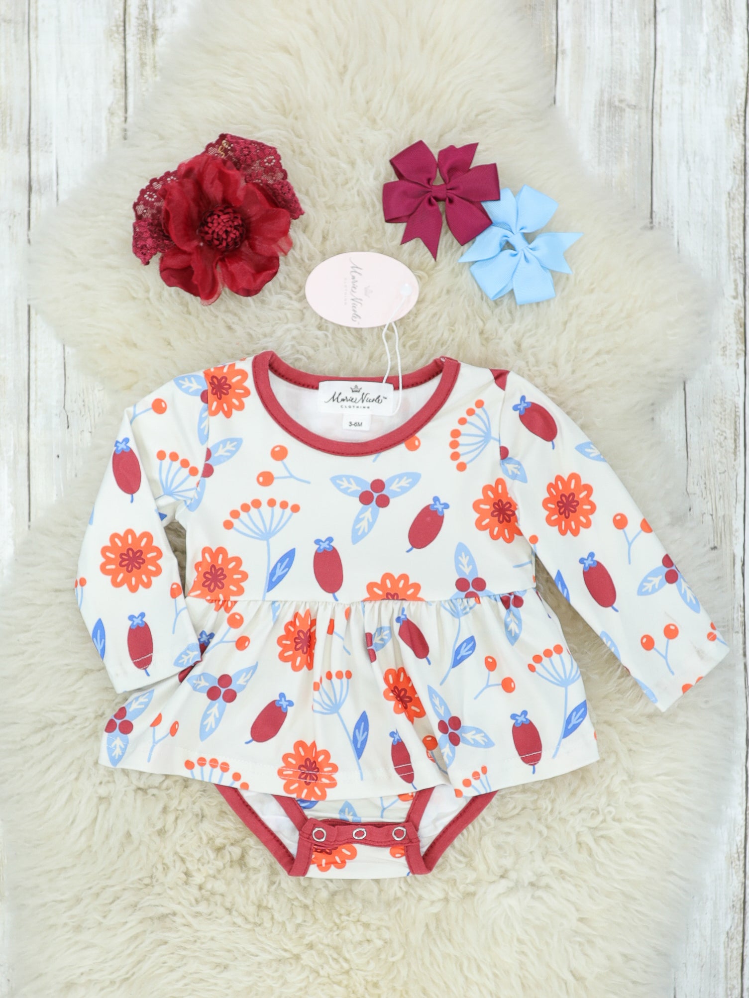 Burnt Orange Floral Ruffle Dress Bubble Romper - Marie Nicole Clothing