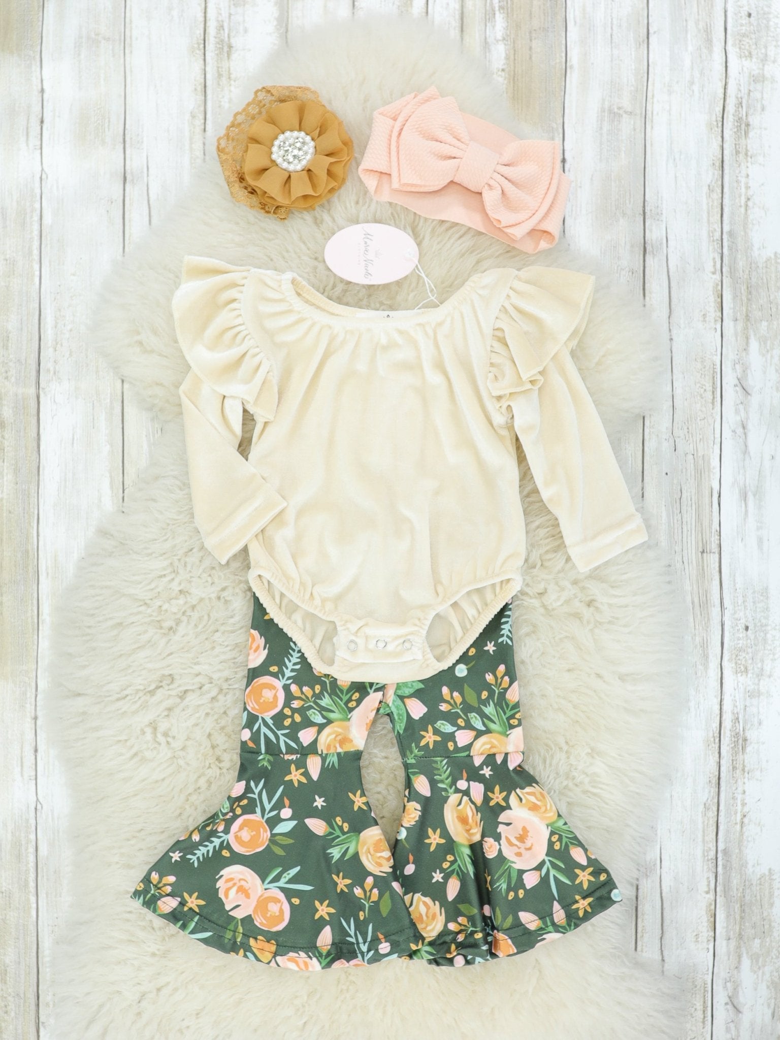 Olive Floral Bubble & Bell Bottom Outfit - Marie Nicole Clothing