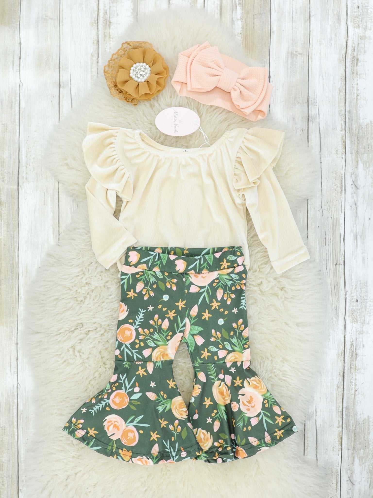 Olive Floral Bubble & Bell Bottom Outfit - Marie Nicole Clothing
