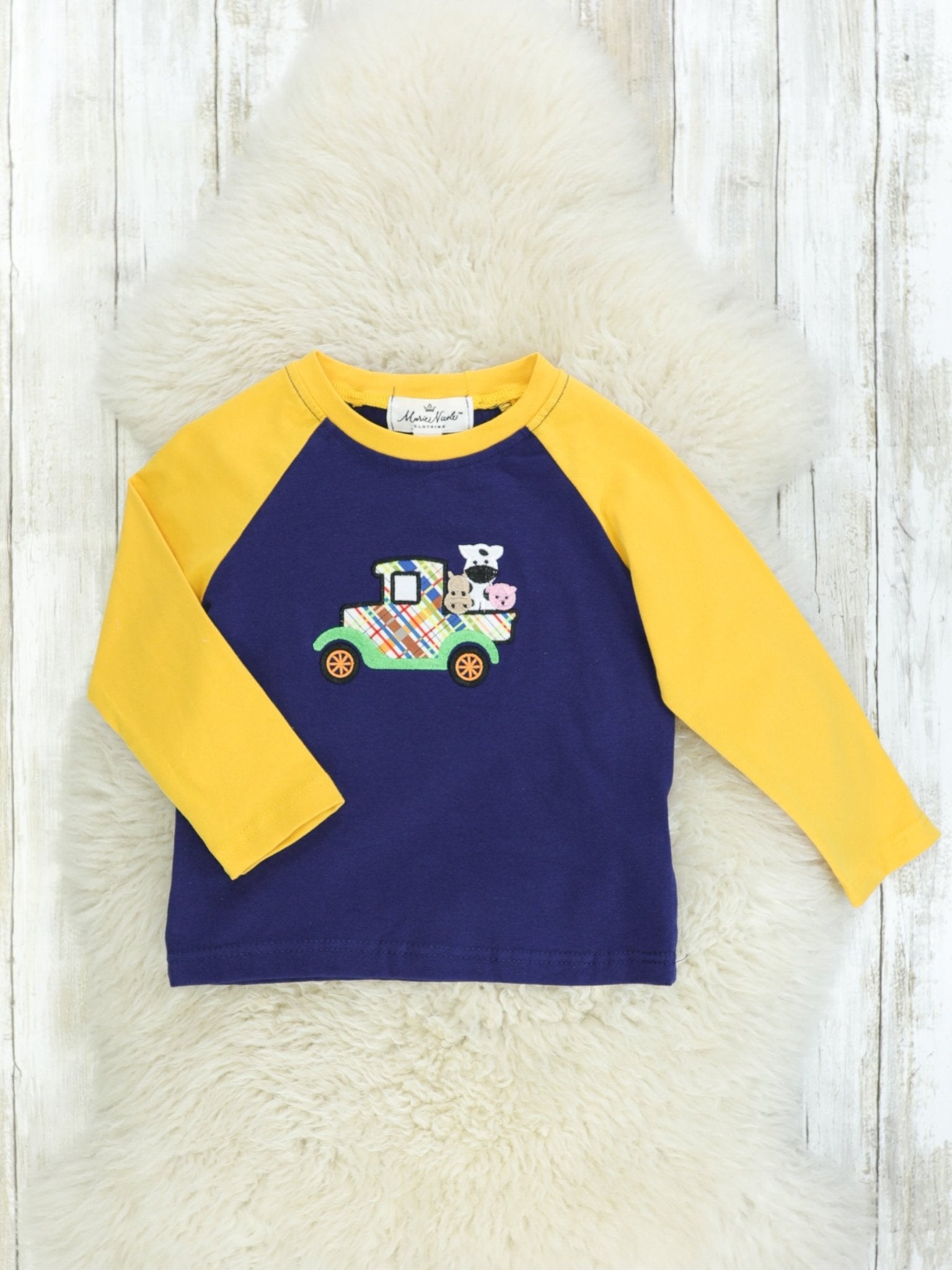 Navy & Yellow Farm Truck Raglan - Marie Nicole Clothing