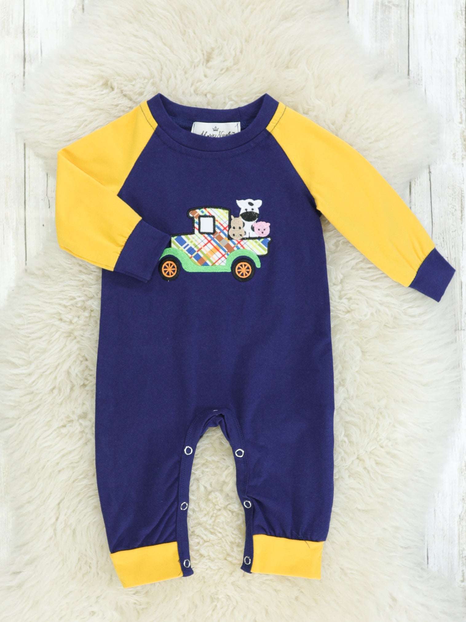 Navy & Yellow Farm Truck Raglan Romper - Marie Nicole Clothing
