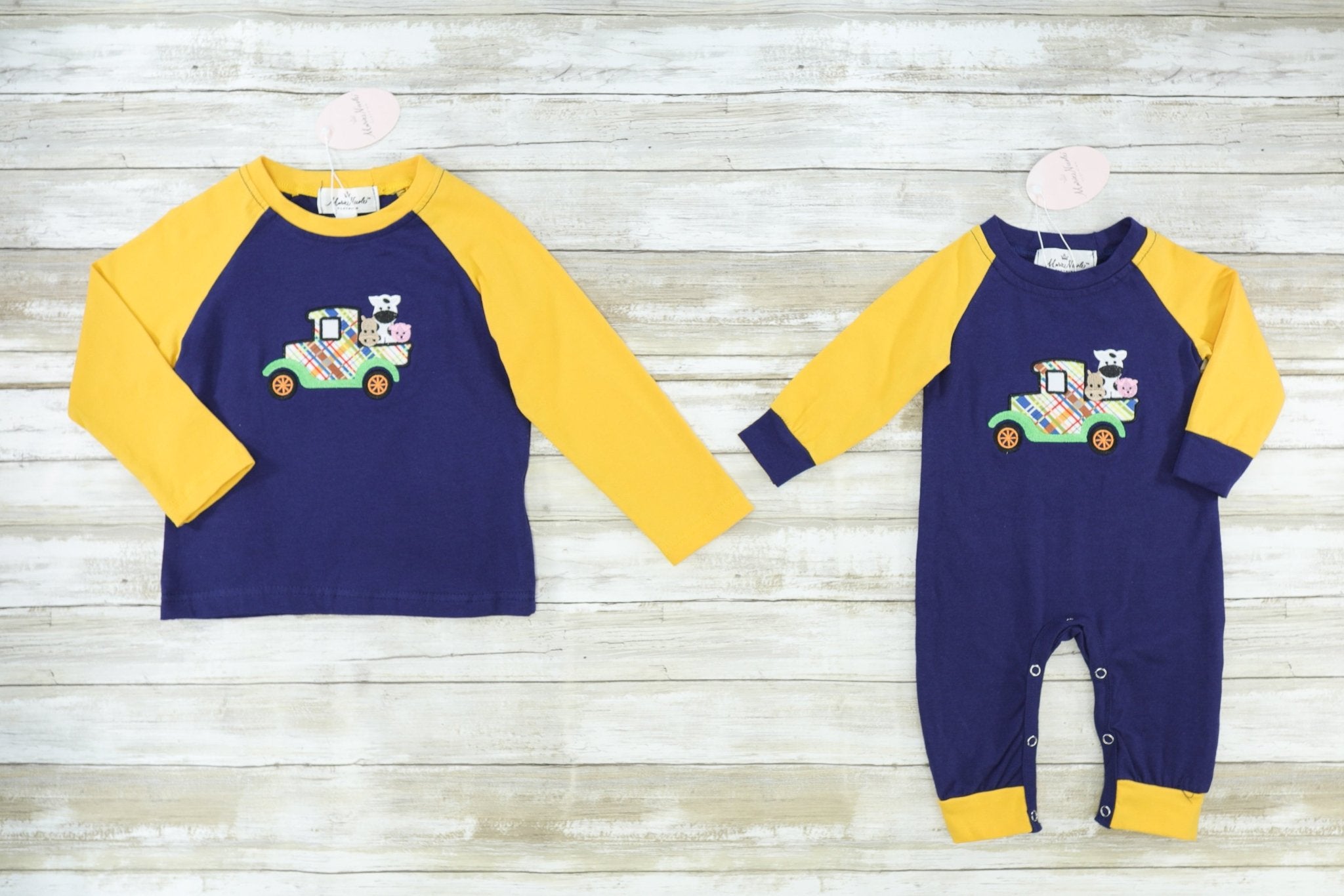Navy & Yellow Farm Truck Raglan - Marie Nicole Clothing