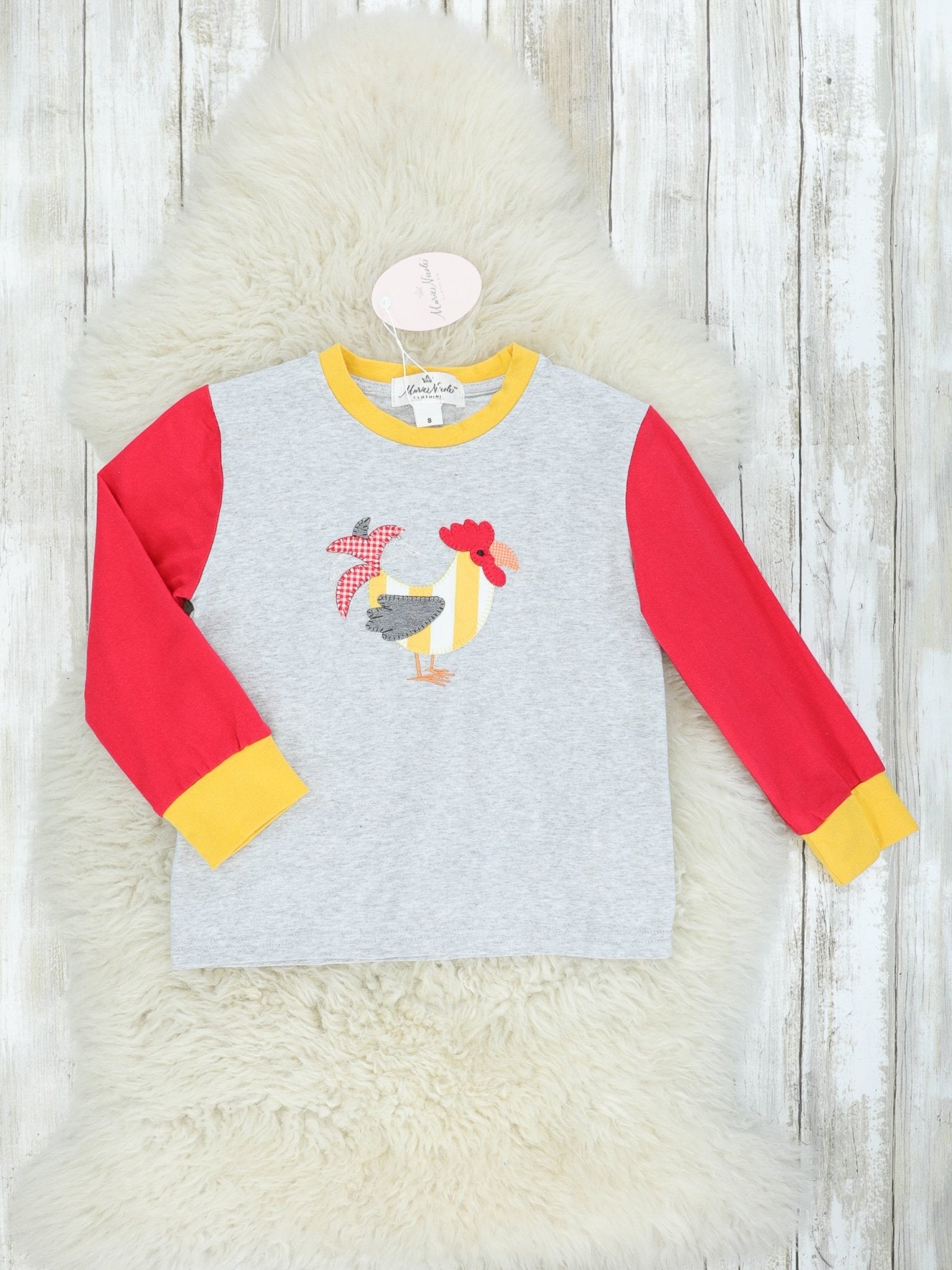 Grey & Red Rooster Raglan Shirt - Marie Nicole Clothing