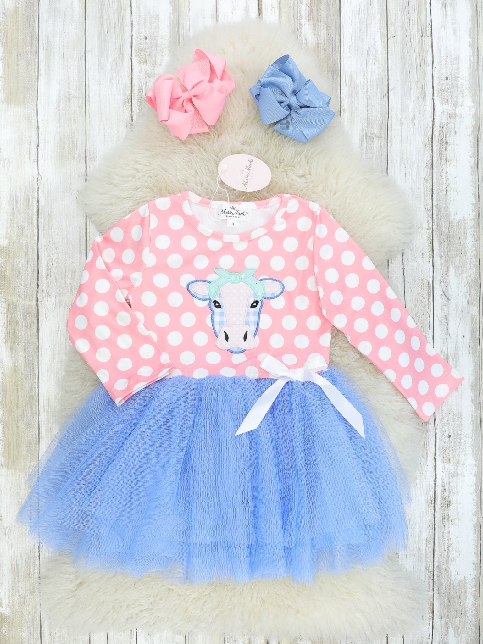 Pink Polka Dot Cow Tulle Dress - Marie Nicole Clothing