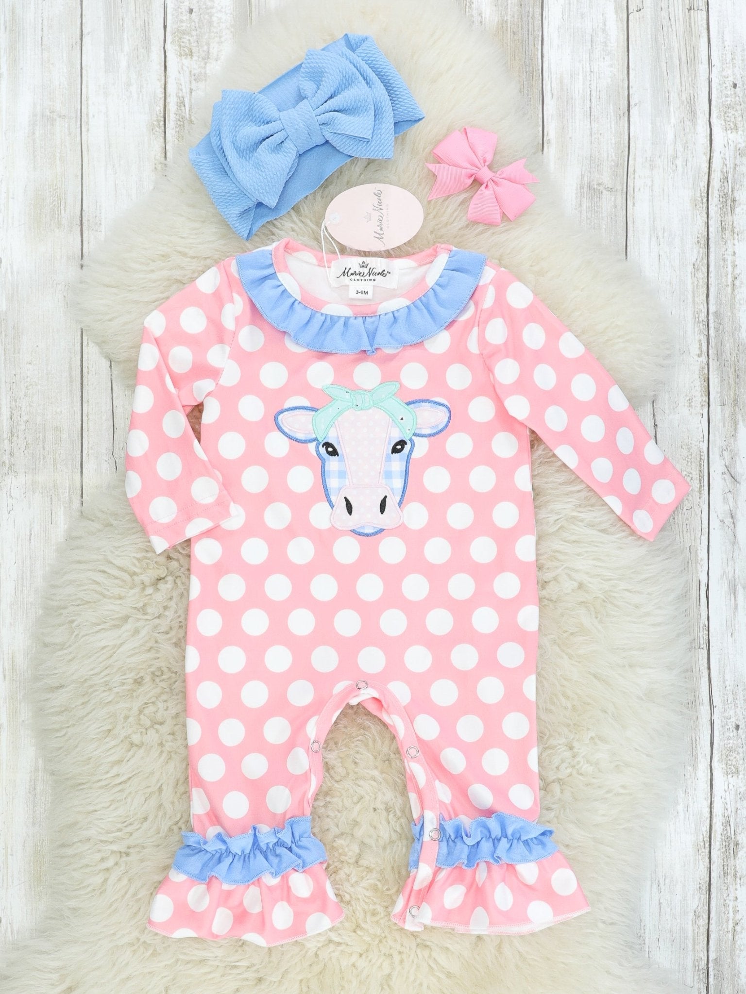 Pink Polka Dot Cow Ruffle Romper - Marie Nicole Clothing
